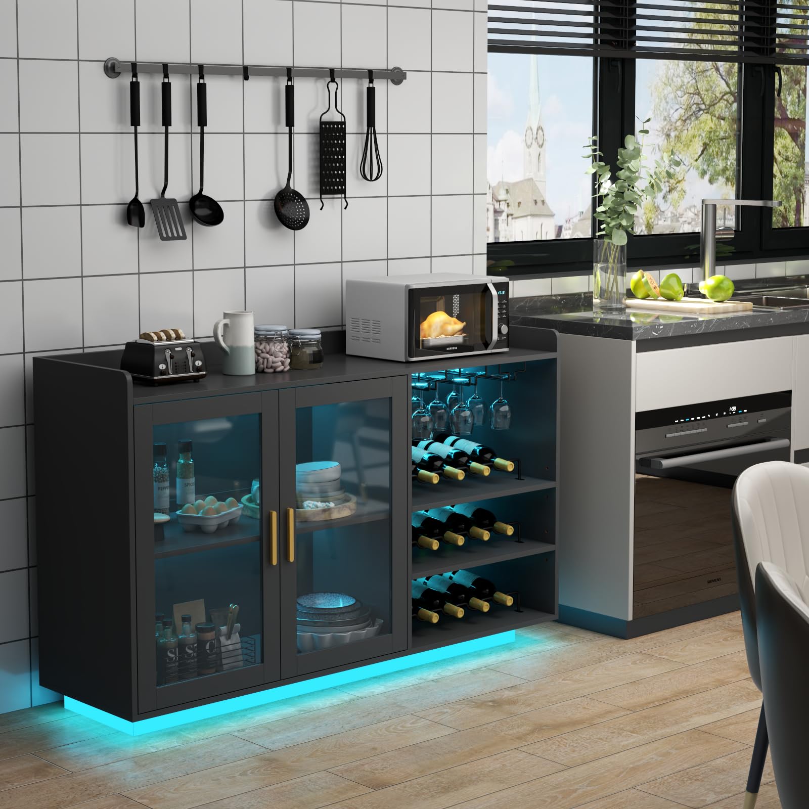 Modern Floating Wine Bar Cabinet with LED Lights - Glass Rack & Removable Wine Racks - Kitchen Buffet Sideboard with Storage Shelves & Glass Doors - Perfect for Home Bar, Dining Room, or Kitchen Counter Organization - Black