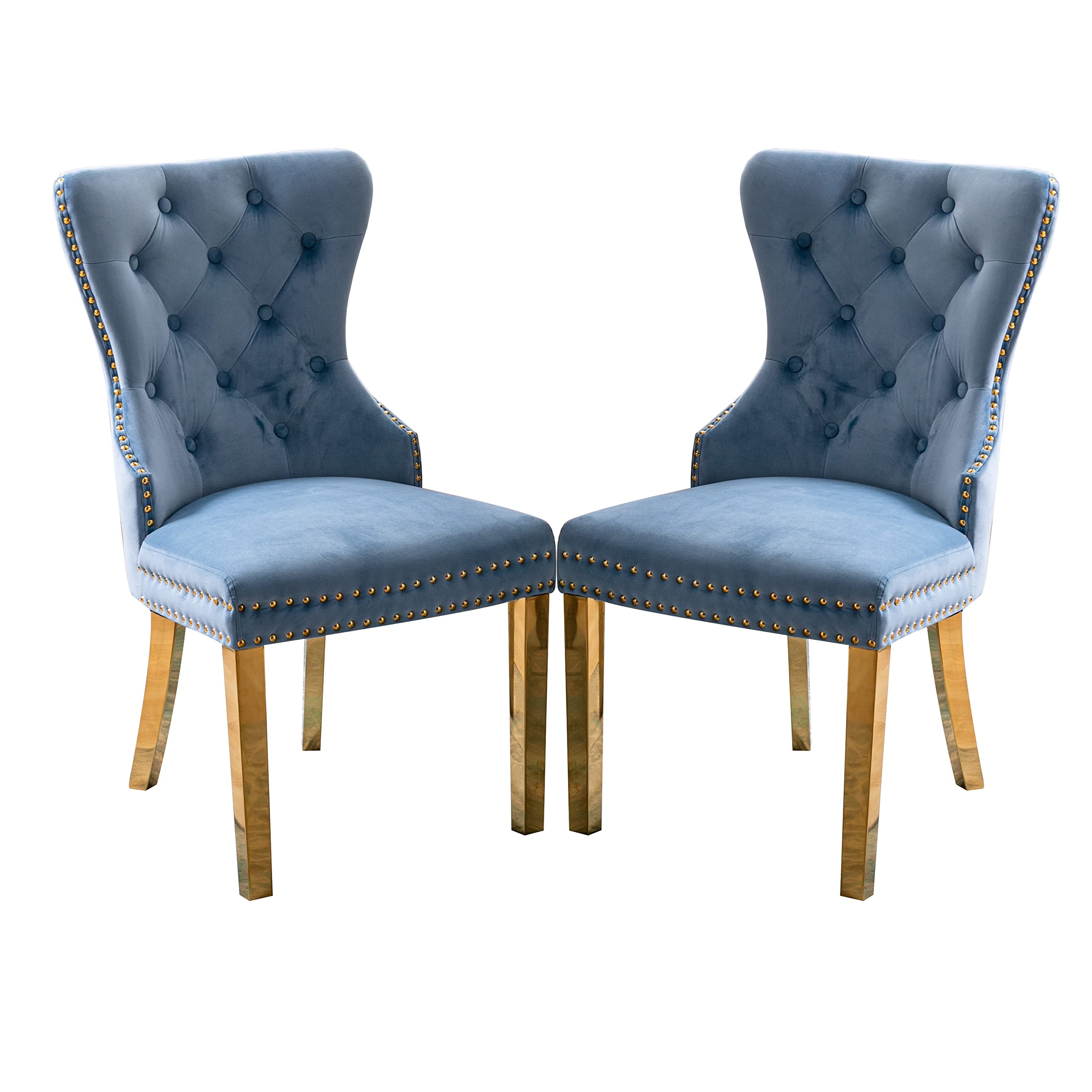 Restworld Velvet Dining Chairs Set of 2, Upholstered Tufted Back Accent Chairs with Golden Stainless Steel Legs and Nail Trim - Elegant Blue Velvet Seating for Dining Room, Kitchen, or Home Office