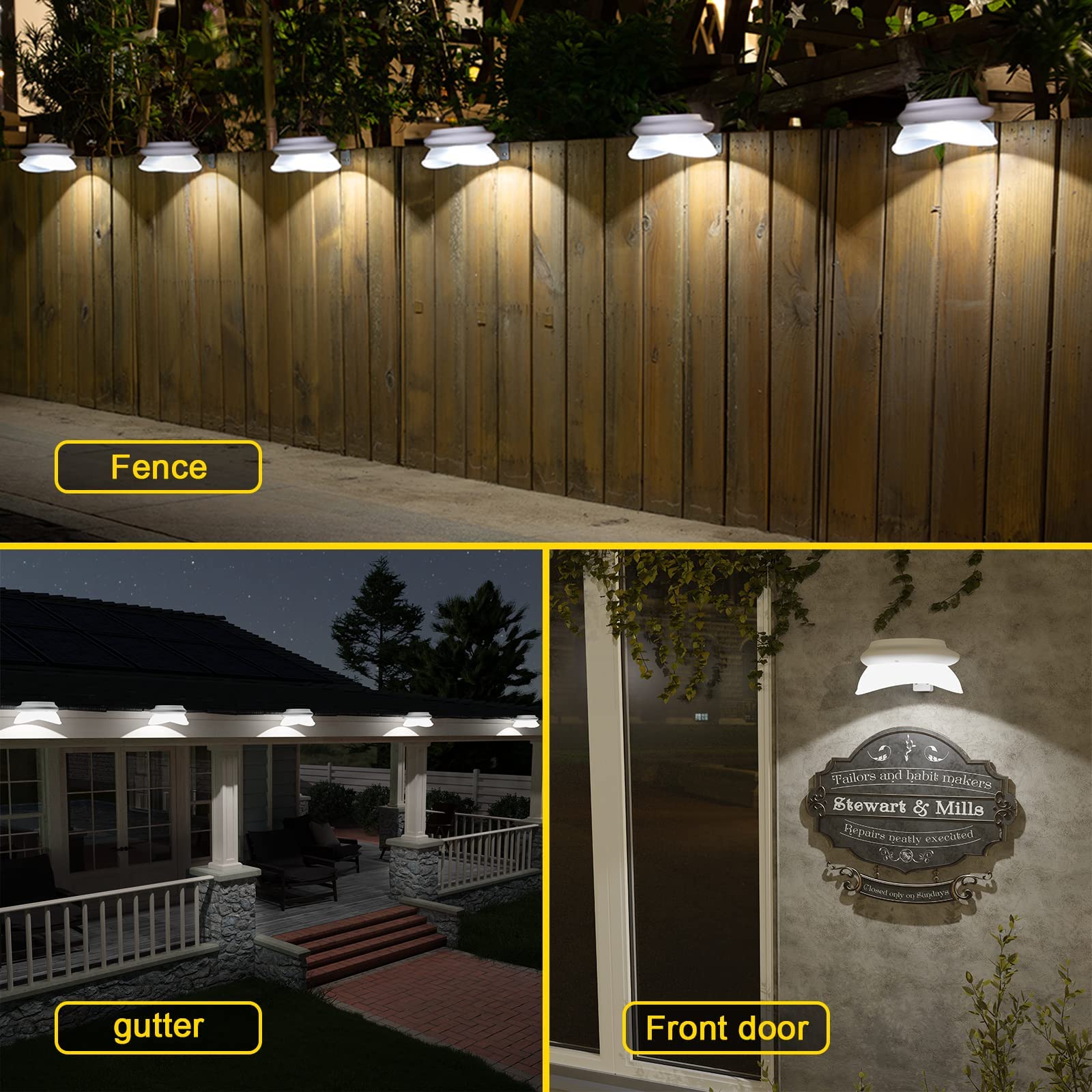 ROSHWEY 6 Pack Solar Gutter Lights - 9 LED Waterproof Outdoor Lights for Patio, Garden, Fence, Pathway & Landscape Decor (Cool White) | Energy-Efficient Solar Lighting for Home Exterior, Yard & Driveway