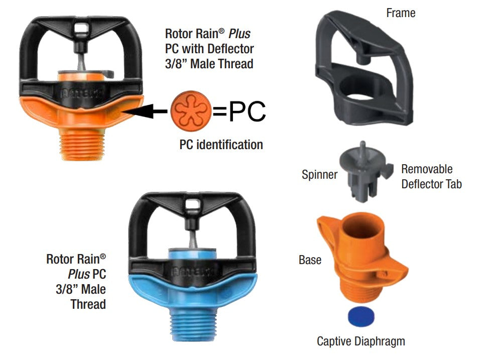 Antelco Rotor Rain Plus Mini PC Pressure Compensating Sprinkler Head with Deflector (3/8MBSP) - Pack of 50 for Lawn, Garden, and Landscape Irrigation Systems - Perfect for Residential and Commercial Watering Solutions