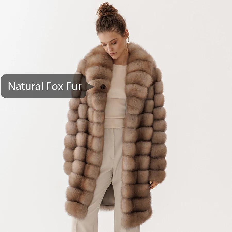 Luxury Women's Natural Fox Fur Long Coat - Warm Winter Outerwear for Fashion & Formal Occasions