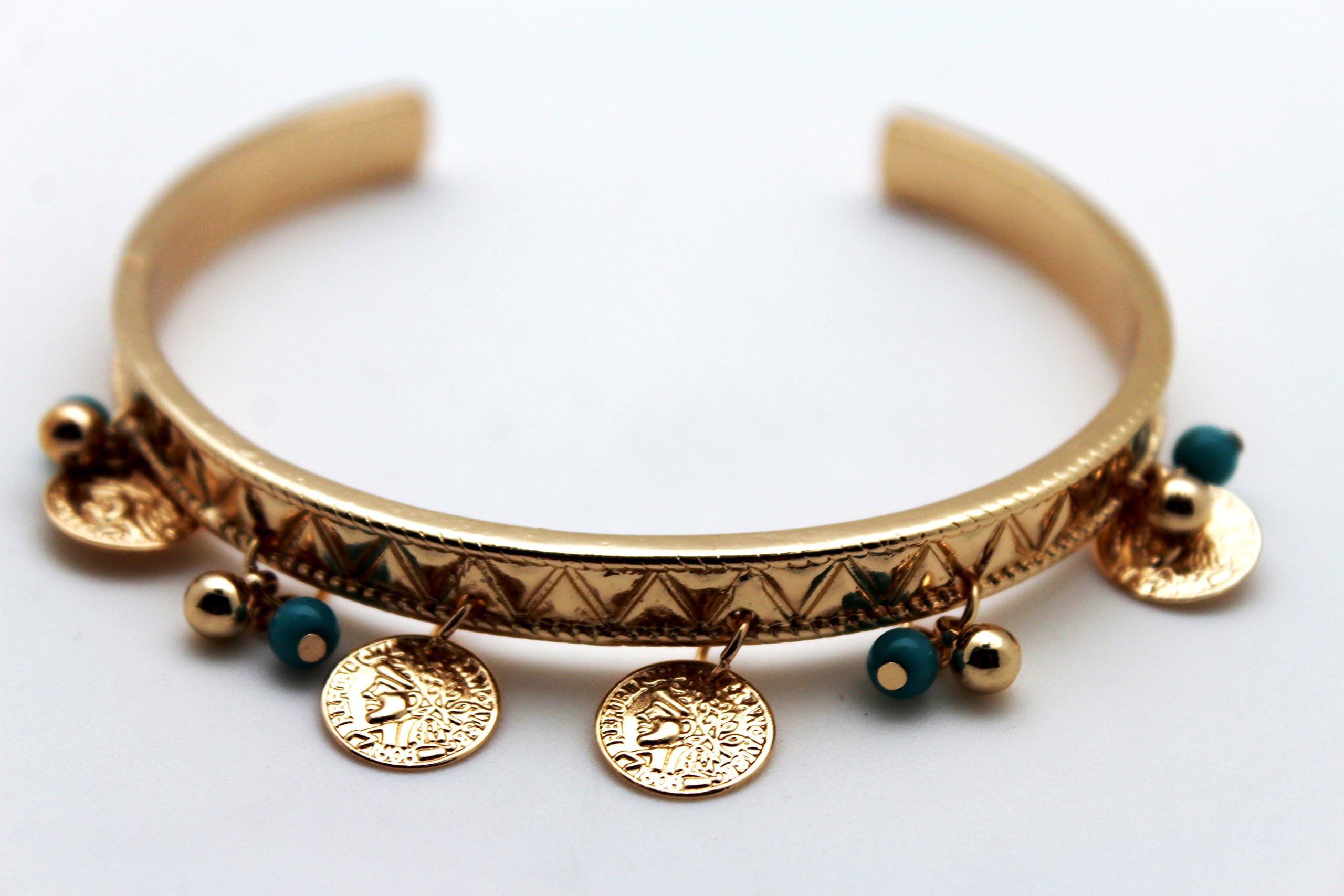 TFJ Women's Fashion Jewelry - Elegant Metal High Arm Cuff Bracelet with Gold Coins & Turquoise Beads, Wrap Around Bangle for Boho Chic Style - Perfect for Parties, Weddings and Festival Outfits