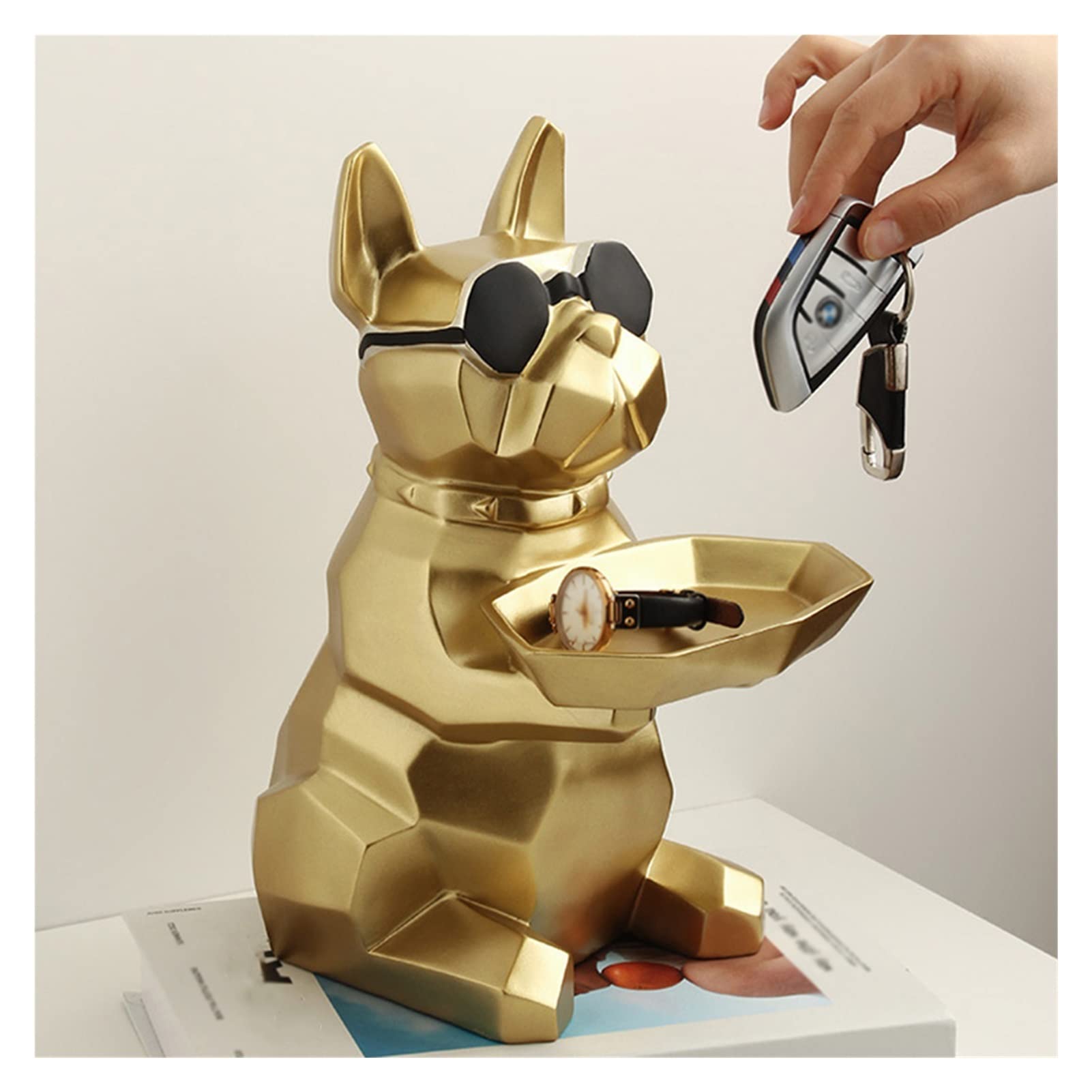 Gold Resin Bulldog Figurine - Coin Bank, Jewelry Tray & Key Holder - Decorative Dog Statue for Home Office Desk - Perfect for Gift Giving, Candy Storage & Tabletop Decor