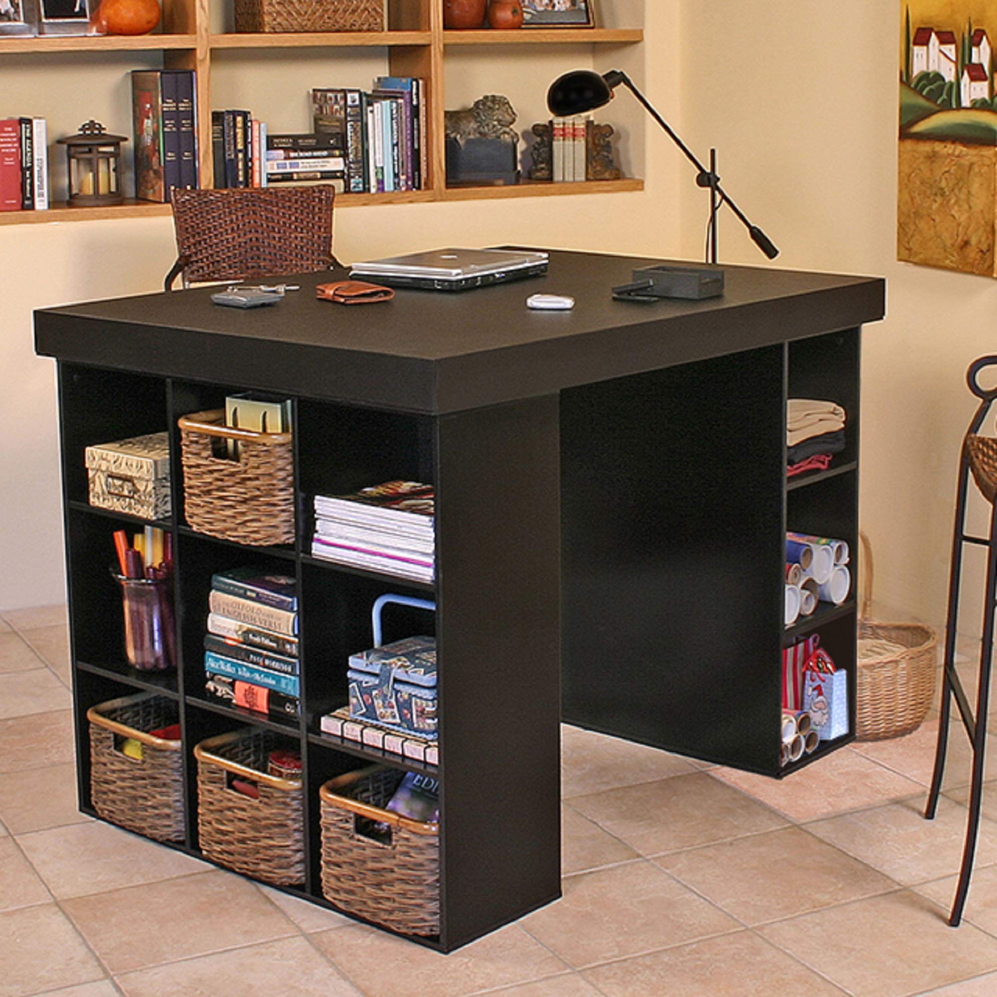 Black Project Center Desk with Bookcase & 3-Bin Storage Cabinet - Home Office Organization for Study, Work & Crafting