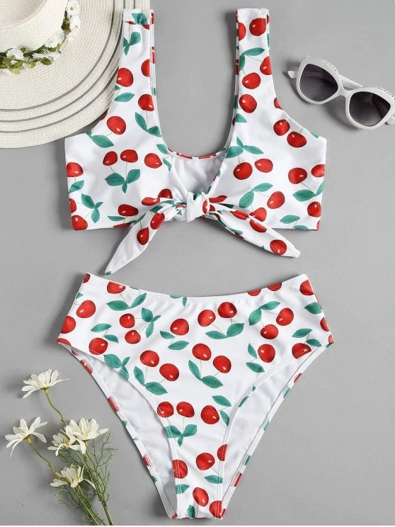 Cherry Print Bikini Swimsuit with Lace Trim - Sexy Two-Piece Swimwear for Beach, Pool & Summer Vacations