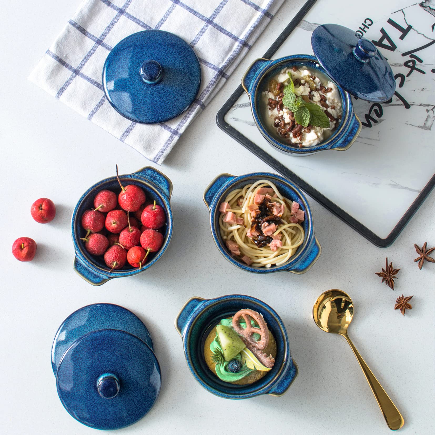 UNICASA 8 oz Ceramic Ramekins with Lids, Set of 4 Mini Casserole Dishes with Handles - Porcelain Baking Bowls, Oven-Safe Small Cocotte for Crème Brûlée, Soufflé, Desserts (Blue Reactive Glaze) - Perfect for Baking, Serving, and Meal Prep