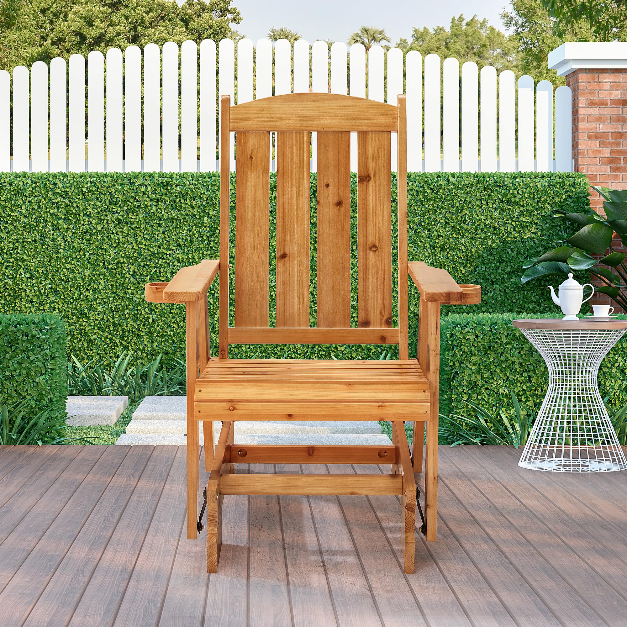 HOMREST 2-Piece Wooden Patio Glider Chair Set with Cup Holders - Heavy Duty 700LBS Capacity, Ergonomic Deep Contoured Seat & High Roll Back - Perfect for Outdoor Garden, Porch, Balcony & Backyard Relaxation