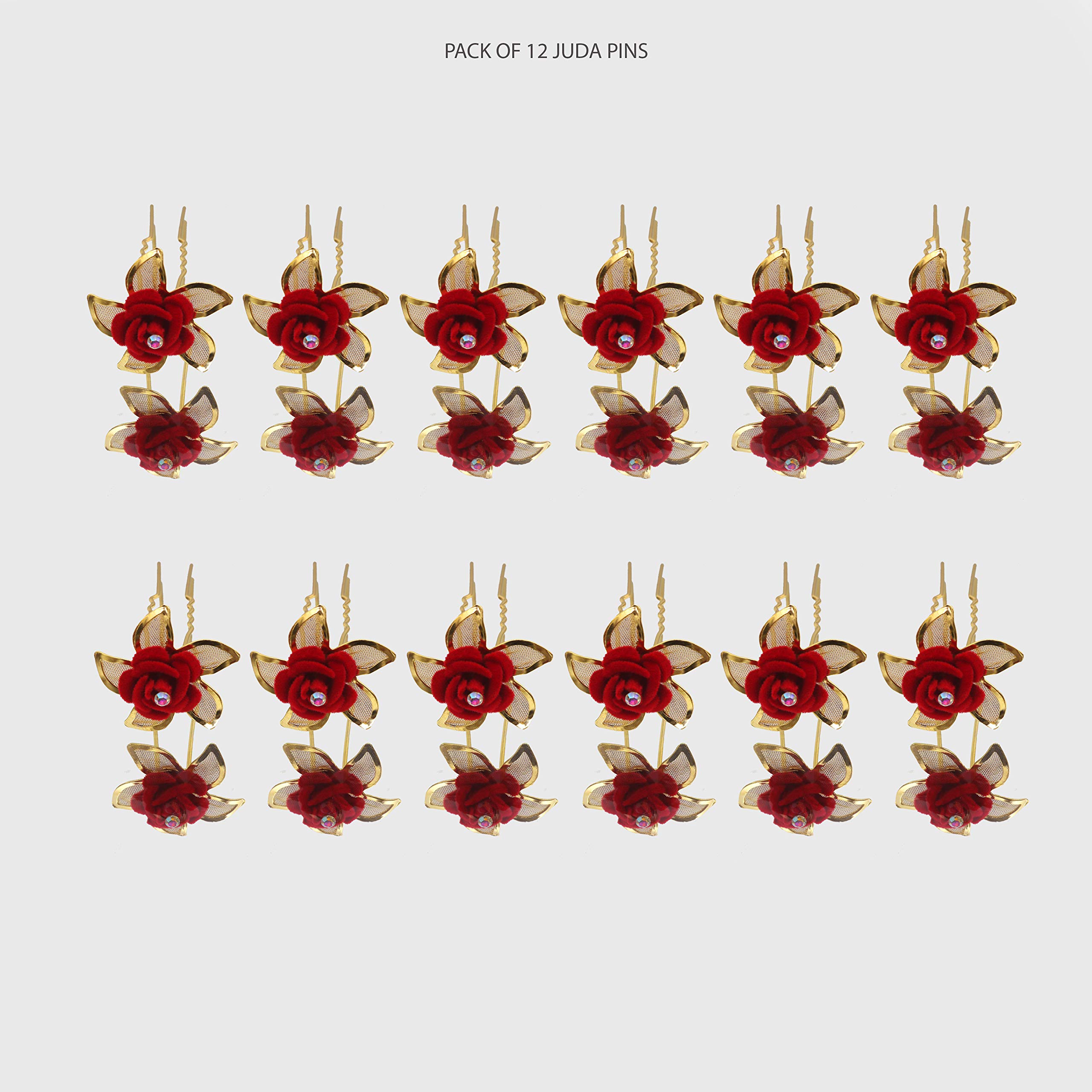 Paradise® Hair Pins for Women - Elegant Bridal Hair Accessories for Women & Girls - Large Juda Pins in Red & Gold - Perfect for Weddings, Prom & Special Occasions