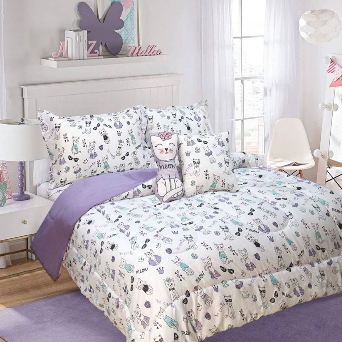 5-Piece Kids Comforter Set with Cat Design - Soft Twin/Full Bedding for Boys & Girls - Perfect for Nursery, Kids Room & Sleepovers