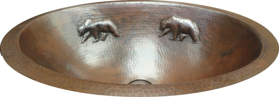 Handmade Oval Copper Sink with Flat Edge - Bear Design Farmhouse Kitchen Sink - Perfect for Rustic Bathroom Vanity or Country Style Kitchen Decor
