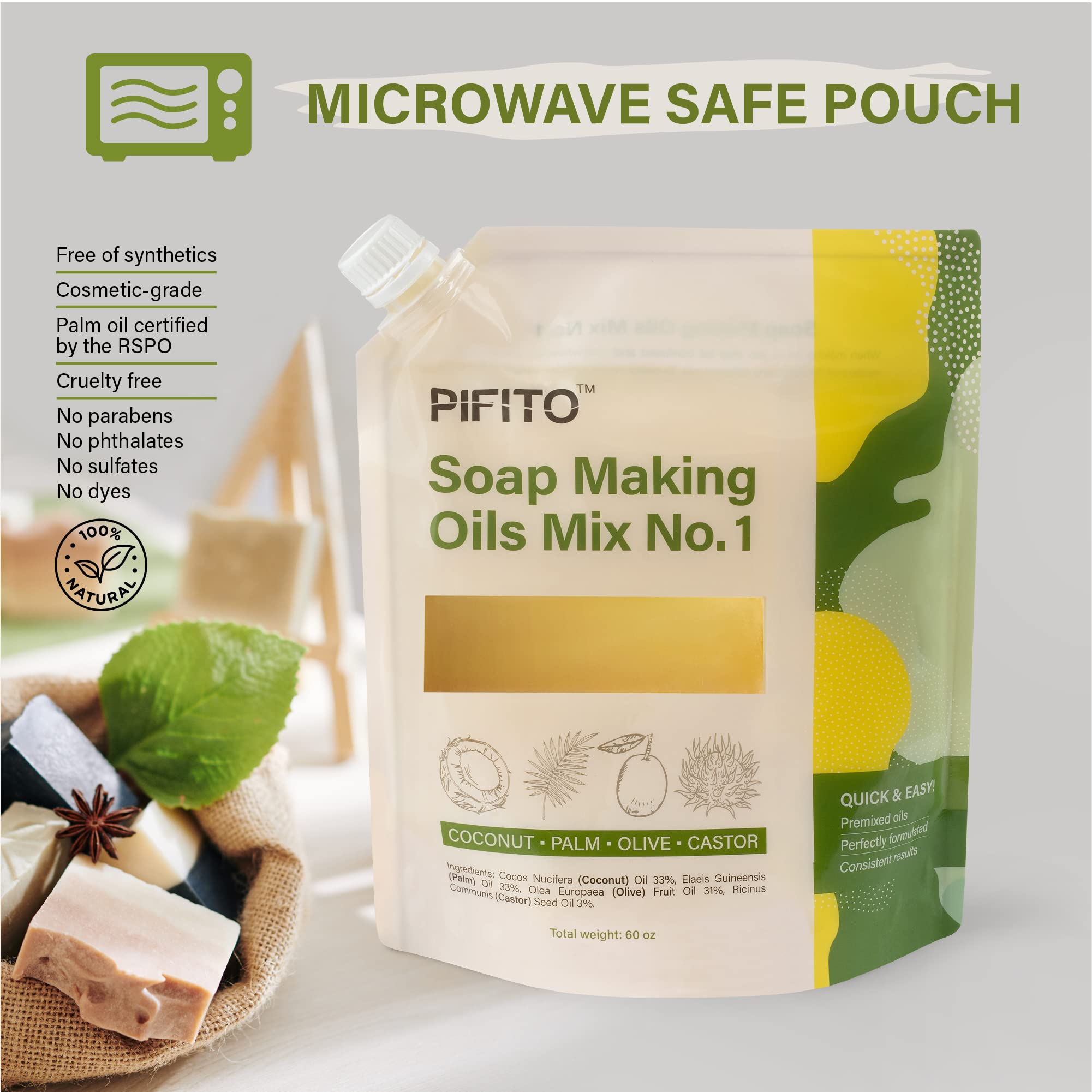 Pifito Soap Making Oil Blend No.1 - 60oz Pre-Measured Cold Process Soap Making Kit with Premium Oils | Perfect for DIY Handmade Soaps, Bath Bombs & Skincare Products at Home