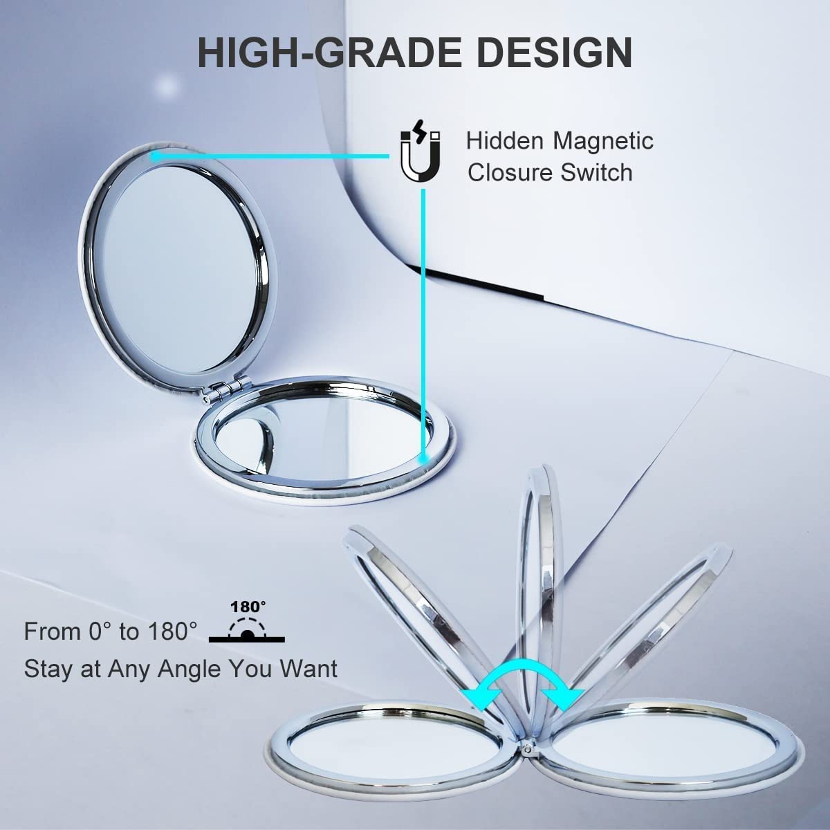 EXCADRILL Portable Folding Pu Leather Makeup Mirror with Magnification | Round Travel Vanity Mirror for Women | Perfect for Purse, Travel & Home Makeup Application