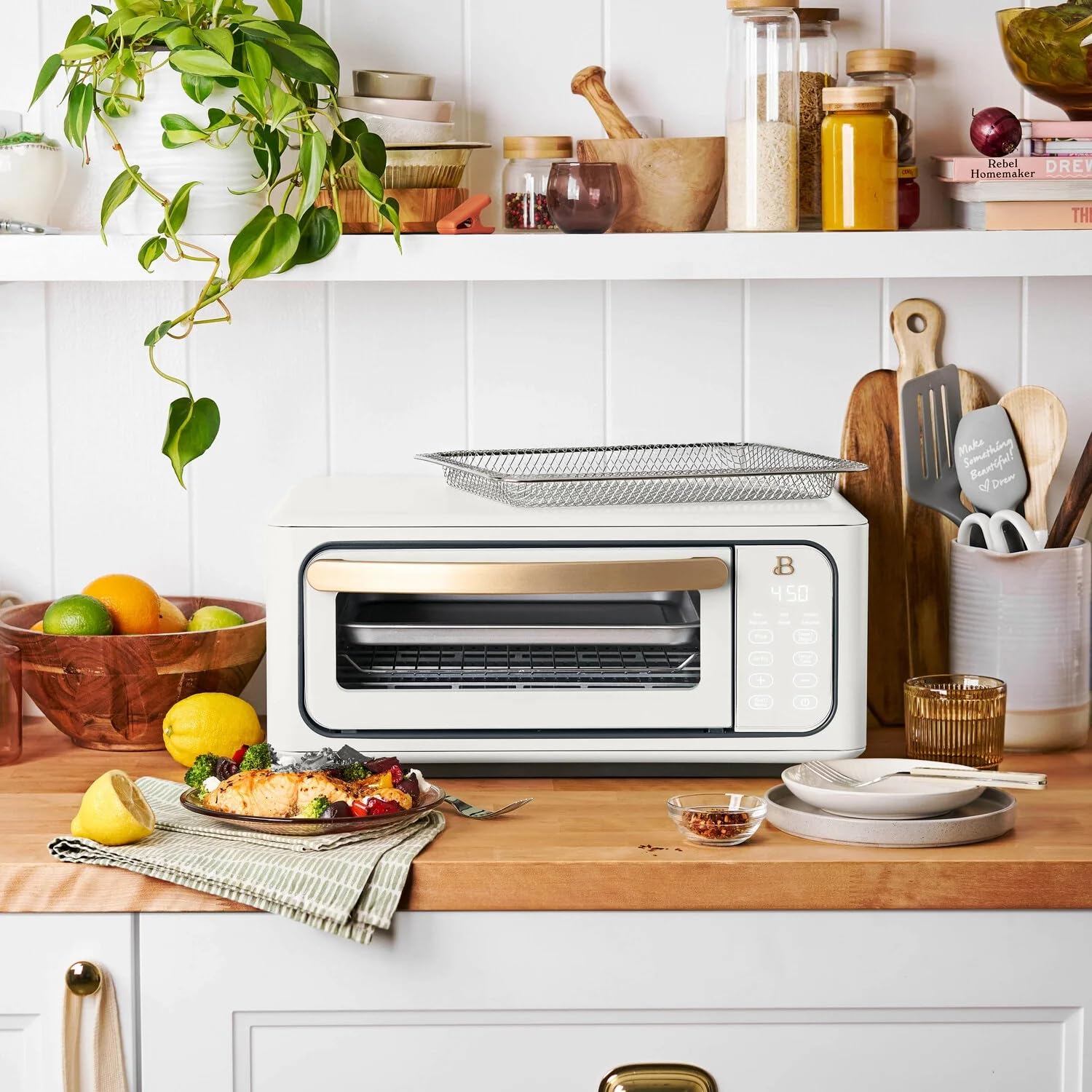 Drew Barrymore 9-Slice Infrared Air Fryer Toaster Oven - 1800W Digital Convection Oven with 10 Preset Functions & LCD Display (White) - Perfect for Baking, Roasting, Air Frying & Family Cooking