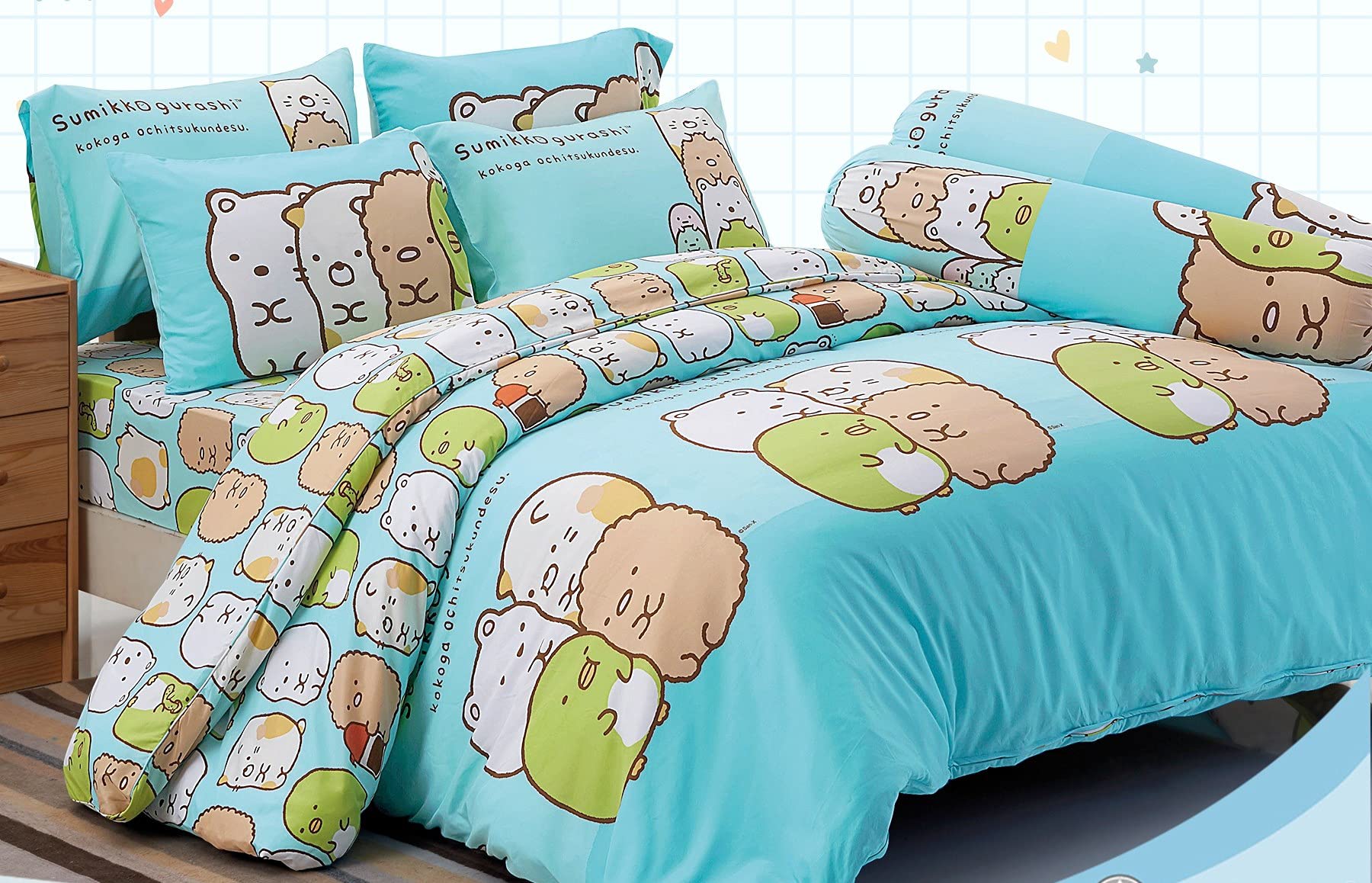 Official Licensed Sumikko Gurashi Cute Bedding Set 057 - Blue Queen Size (Sheet Set + Comforter) | Anime Character Themed Bedroom Decor for Kids & Teens | Soft Microfiber Japanese Kawaii Home Textiles