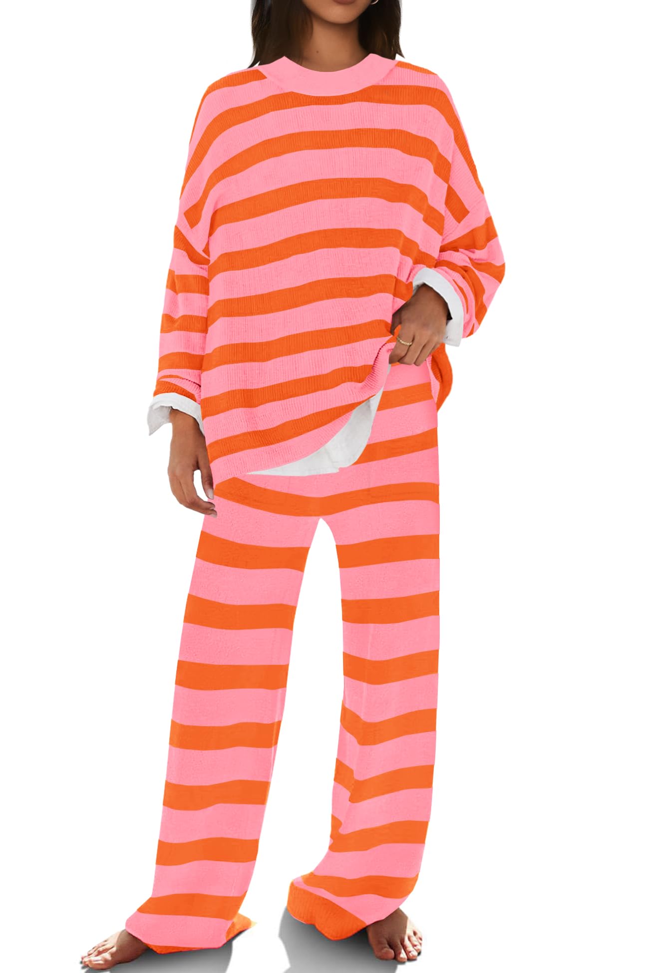 SENSERISE Women's Oversized Sweater Lounge Set - Striped Long Sleeve Top & Pants Pajamas with Pockets | Cozy Homewear for Relaxing, Lounging & Sleepwear