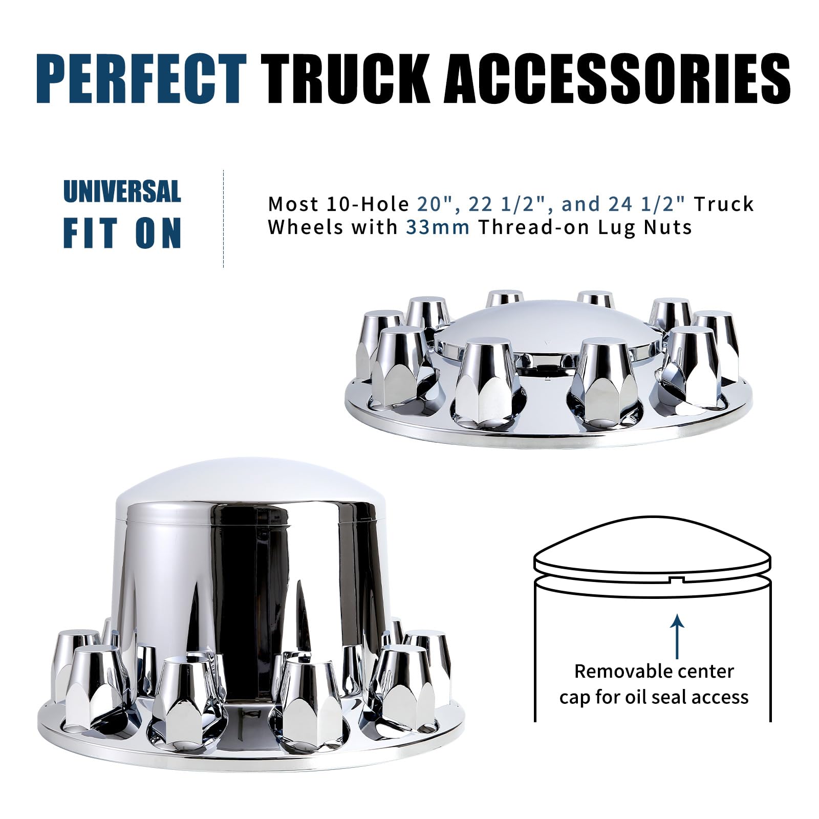 Chrome Semi Truck Wheel Covers - Set of 2 Front & 4 Rear Hub Covers with 33mm Thread-On Lug Nut Covers | Heavy Duty Protection & Style for Peterbilt, Kenworth, Freightliner | Installation Tool Included | Perfect for Long Haul Trucking & Fleet Maintenance