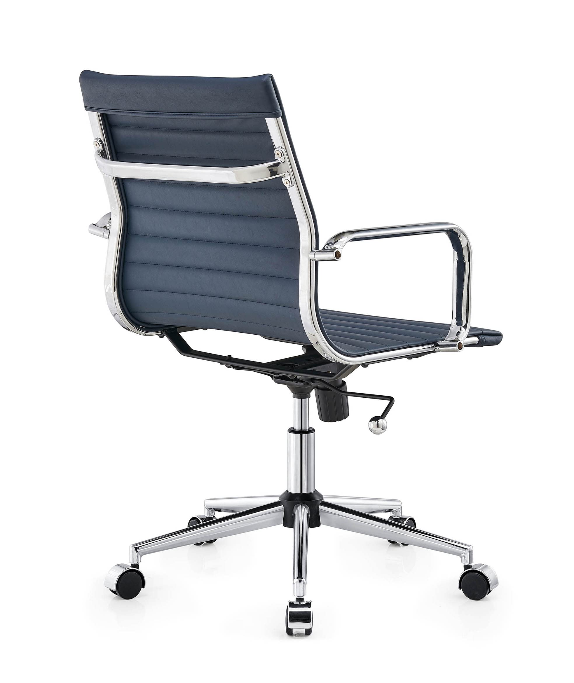 Ergonomic Leather Office Chair - Modern Swivel Executive Desk Chair with Ribbed Back Support for Home & Conference Room - Navy Blue (Perfect for Long Work Hours & Video Meetings)