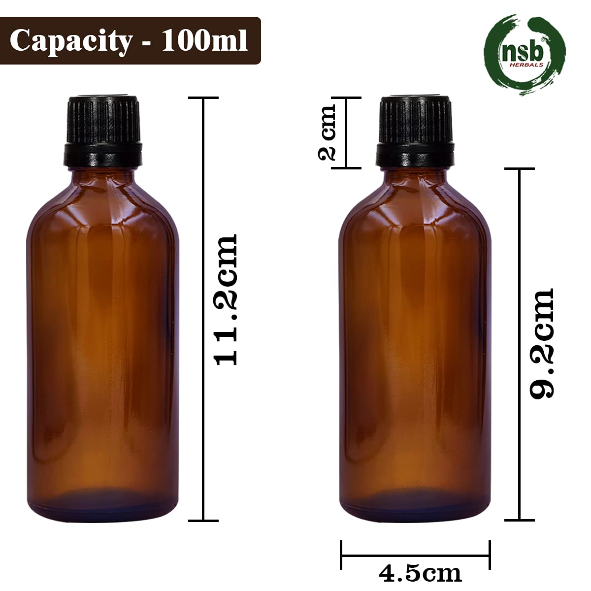 NSB Herbals 100ml Amber Round Empty Glass Bottle with Euro Dropper & Black Cap - Refillable, Reusable, Leak Proof Essential Oil Bottles for DIY Perfumes, Face Oils & Aromatherapy Blends (Pack of 3) - Perfect for Home Spa, Gift Making & Travel Size Storage