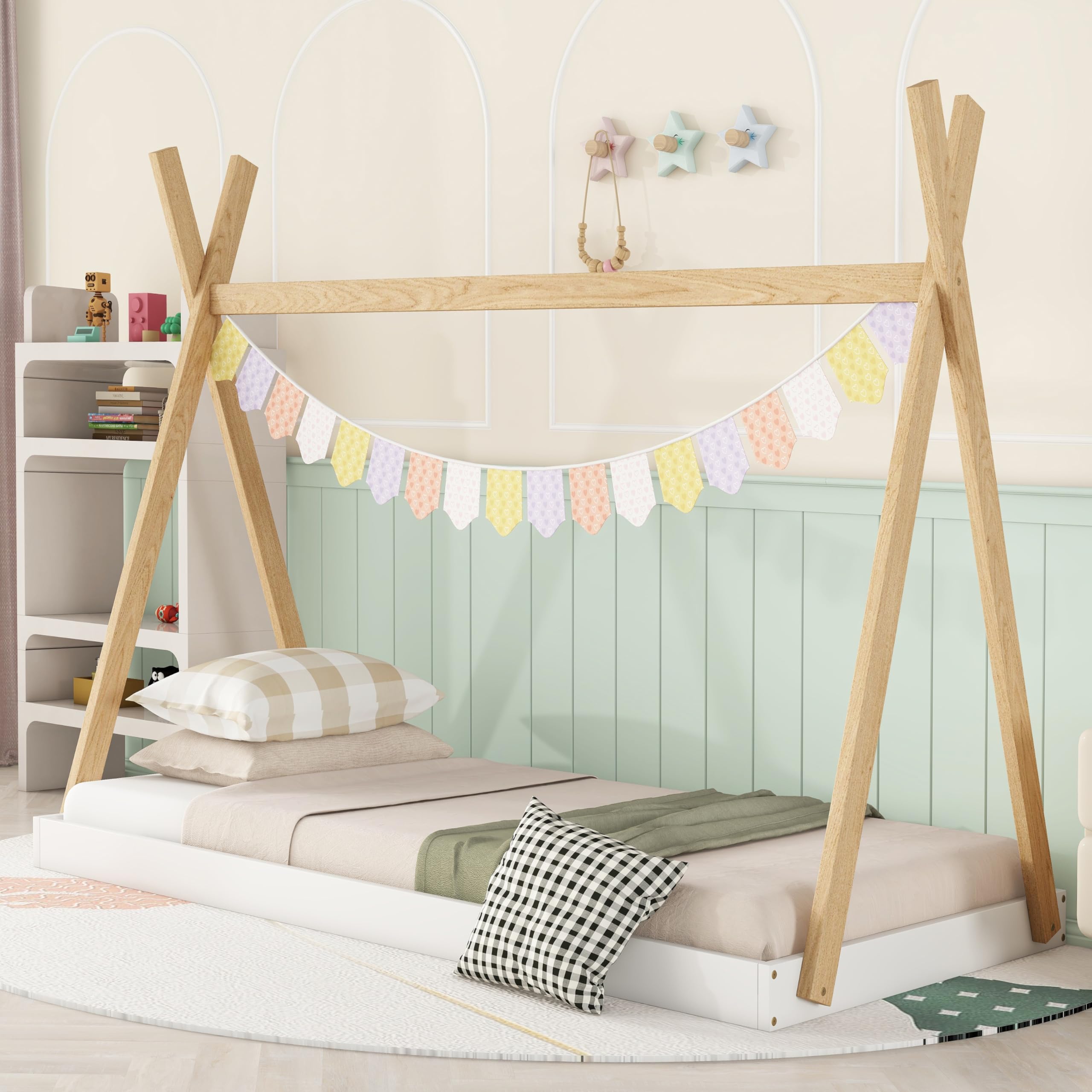 Bellemave Twin Size Tent Floor Bed Frame with Triangle Structure - Teepee Platform Bed for Kids, Montessori Floor Bed for Girls & Boys (White + Natural) - Perfect for Playrooms, Bedrooms & Montessori Learning Spaces