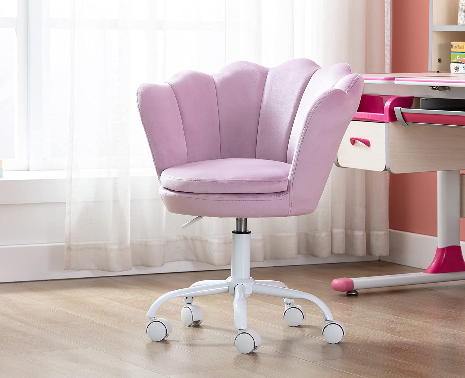 Velvet Kids Desk Chair with Seashell Back - Adjustable Swivel Study Chair for Teens, Children's Computer Homework & Vanity - Purple Accent Armchair for Living Room, Bedroom & Study Area
