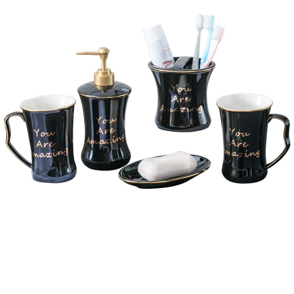 Vintage Ceramic Bathroom Accessories Set - 5 Piece Black & Gold Soap Dispenser, Toothbrush Holder, Soap Dish & 2 Cups for Home, Hotel Vanity | Modern Bathroom Decor | Perfect for Guest Bathrooms & Luxury Hotels