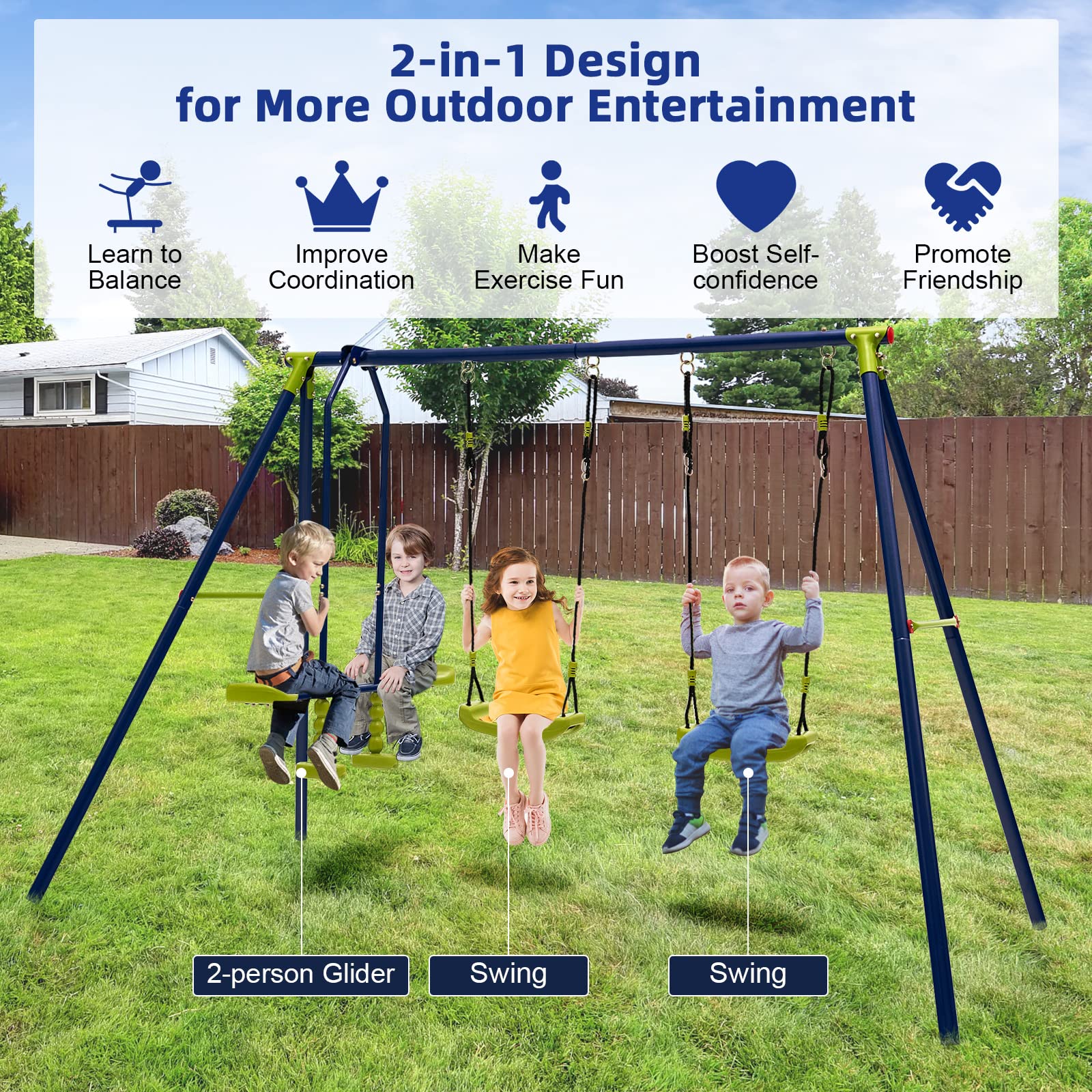 Costzon 440 lbs Heavy Duty 2-in-1 Metal Swing Set for Backyard - Extra Large Outdoor Playground Equipment with 2 Swings, Glider & Adjustable Hanging Ropes - Durable Kids Swing Stand for Gardens, Parks & Play Areas