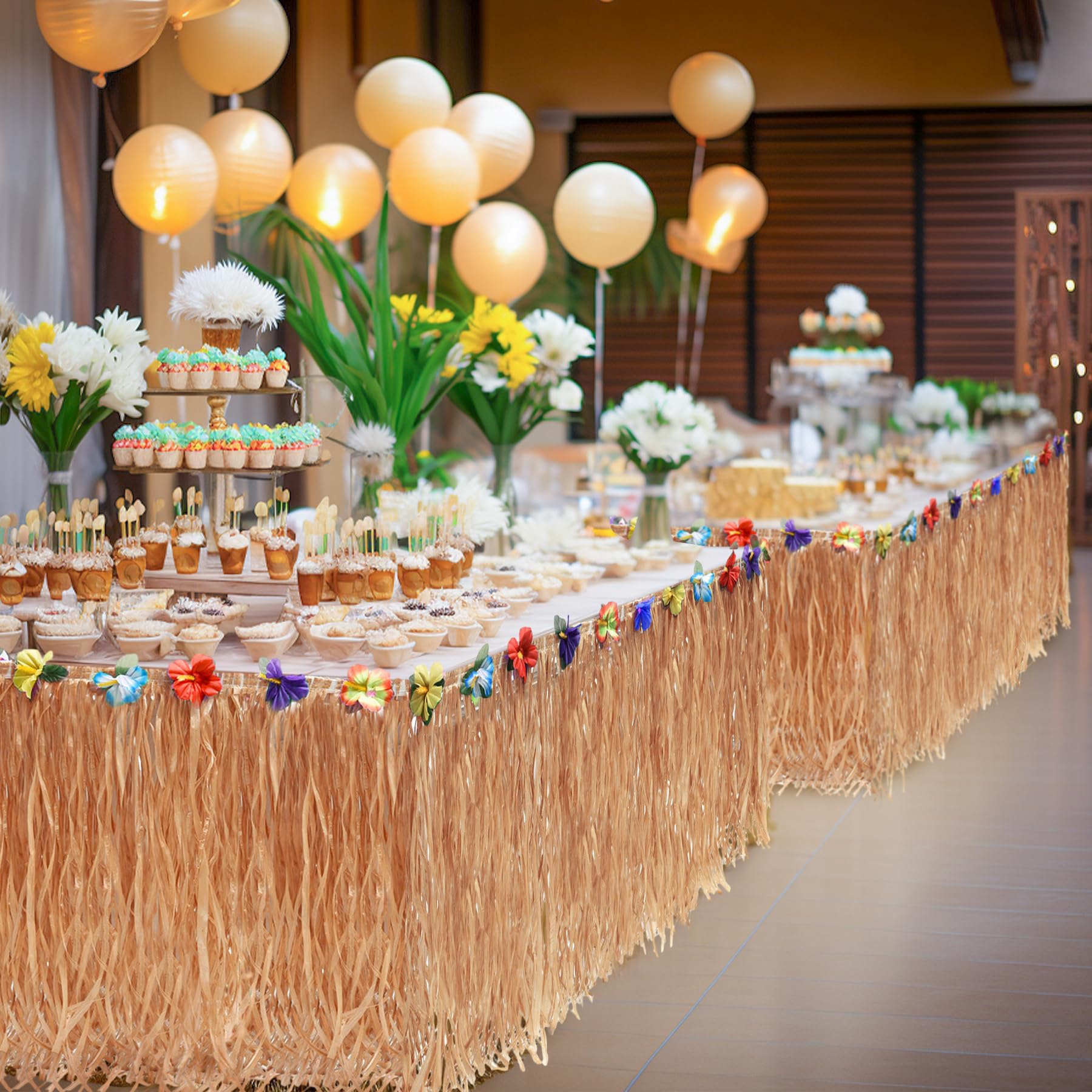 9ft Luau Grass Table Skirt - Tropical Hawaiian Fringe Table Cover for Tiki Bar Decor, Luau Party Supplies & Moana Birthday Party Decorations - Perfect for Beach Themed Events, Tropical Weddings, and Summer Party Decor