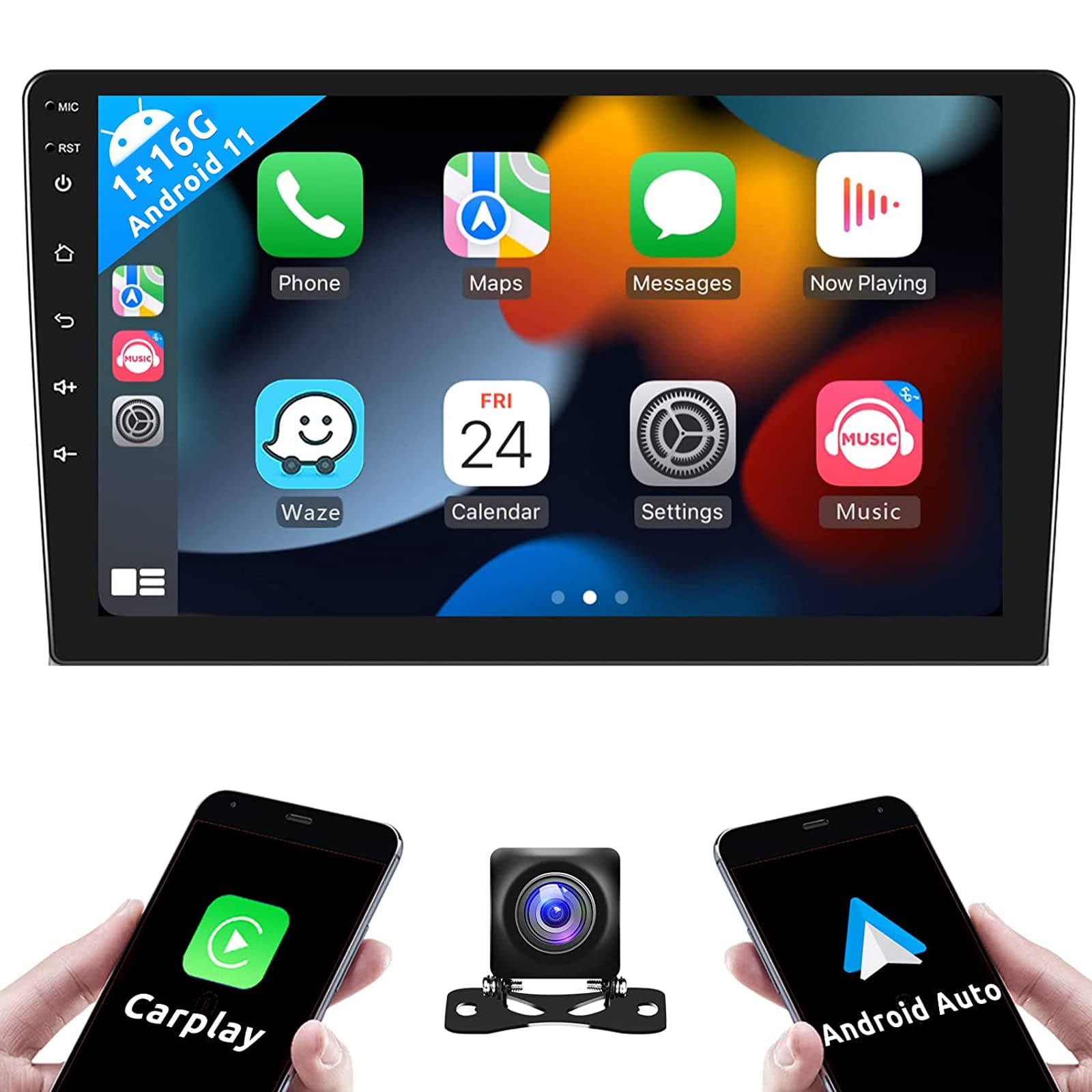9 Inch Android 11 Double Din Car Stereo with Wireless Apple CarPlay & Android Auto - Touchscreen GPS Navigation, WiFi, Bluetooth, FM/RDS, SWC, Dual USB/AUX-in + Backup Camera - Perfect for Road Trips & Daily Commutes