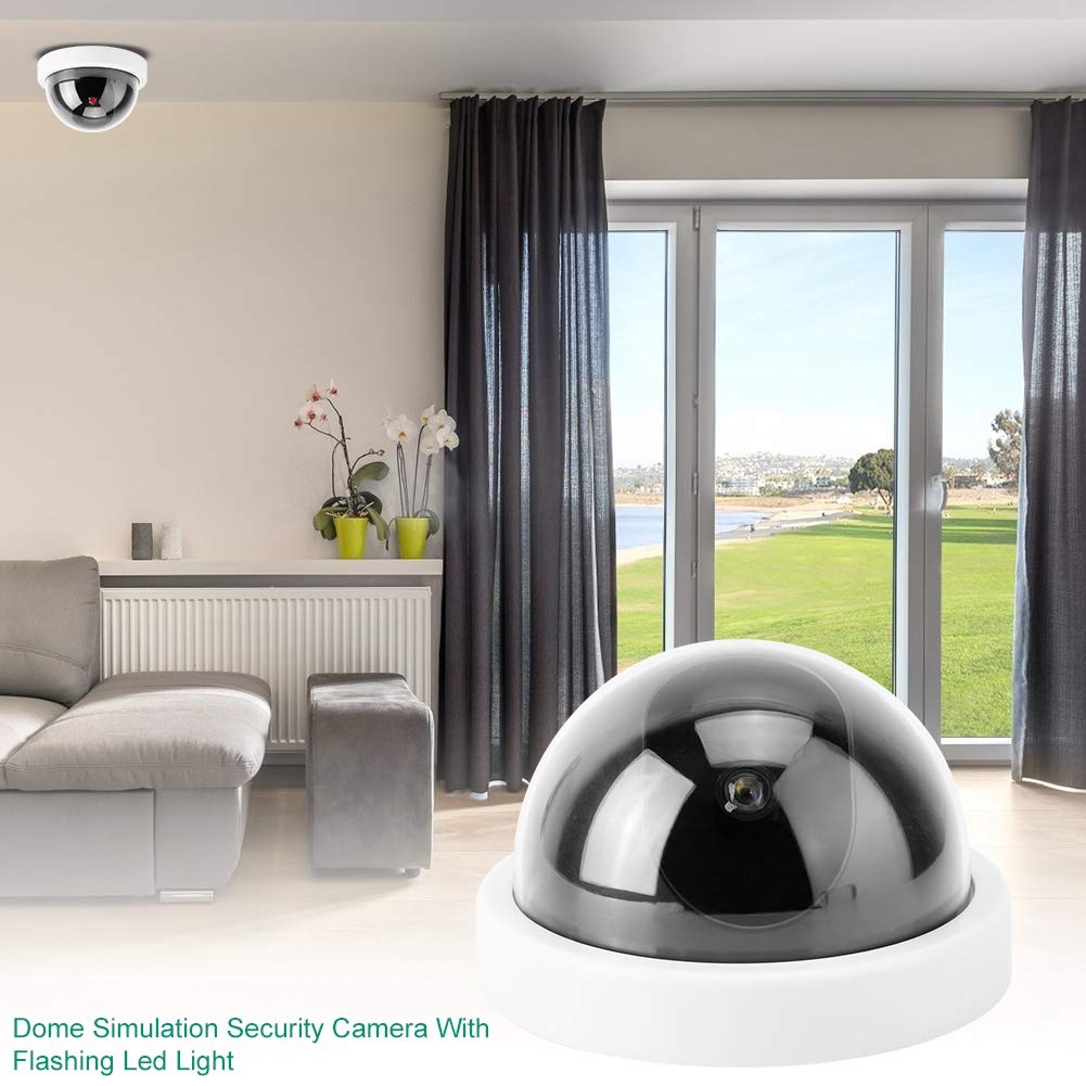 **Fake Security Camera with Flashing LED Light - 4 Pack Dummy Dome Surveillance Cameras for Outdoor & Indoor Use - Blink Outdoor Camera Simulation for Home & Office Security (White)**