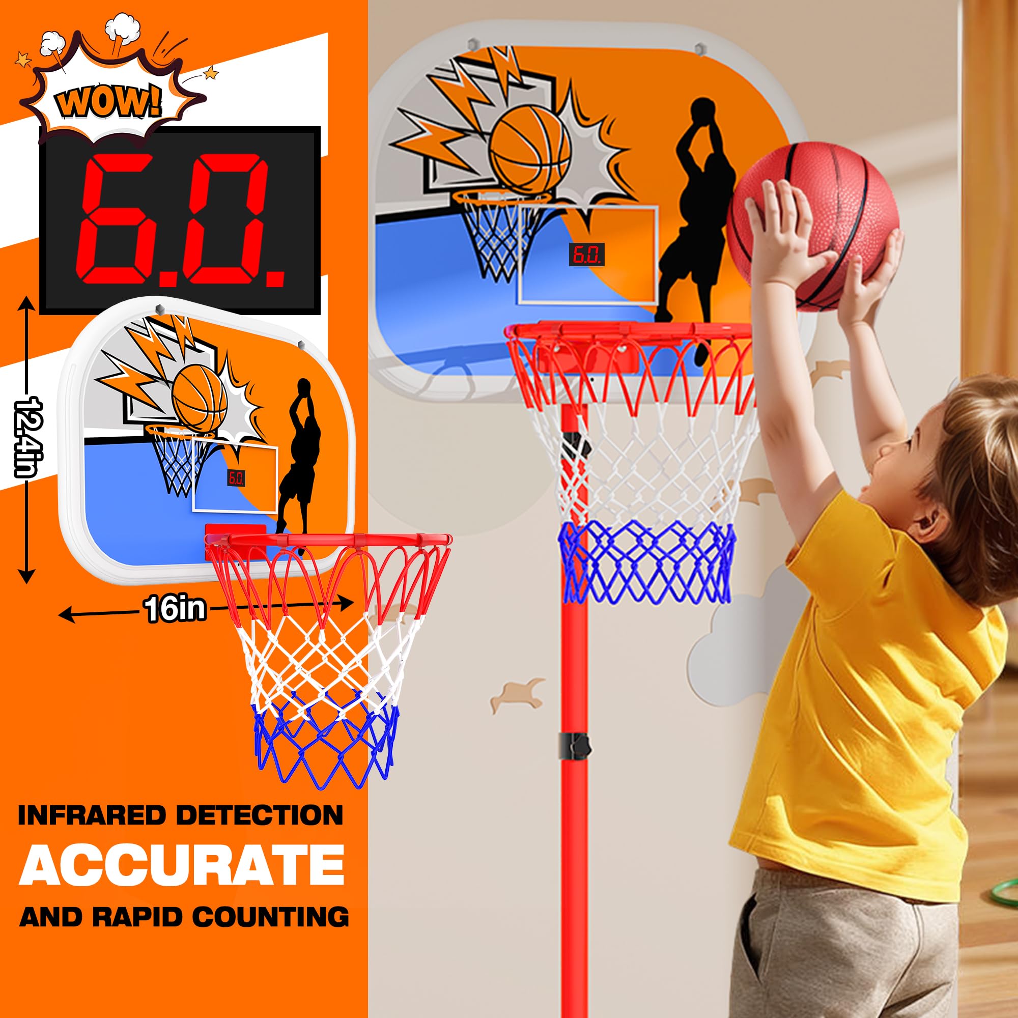 Adjustable Height Kids Basketball Hoop with Electronic Scoreboard (3.4ft-5.9ft) - Indoor/Outdoor Basketball Goal for Toddlers & Children Ages 3-8 - Perfect for Backyard, Playroom & Birthday Gifts for Boys & Girls