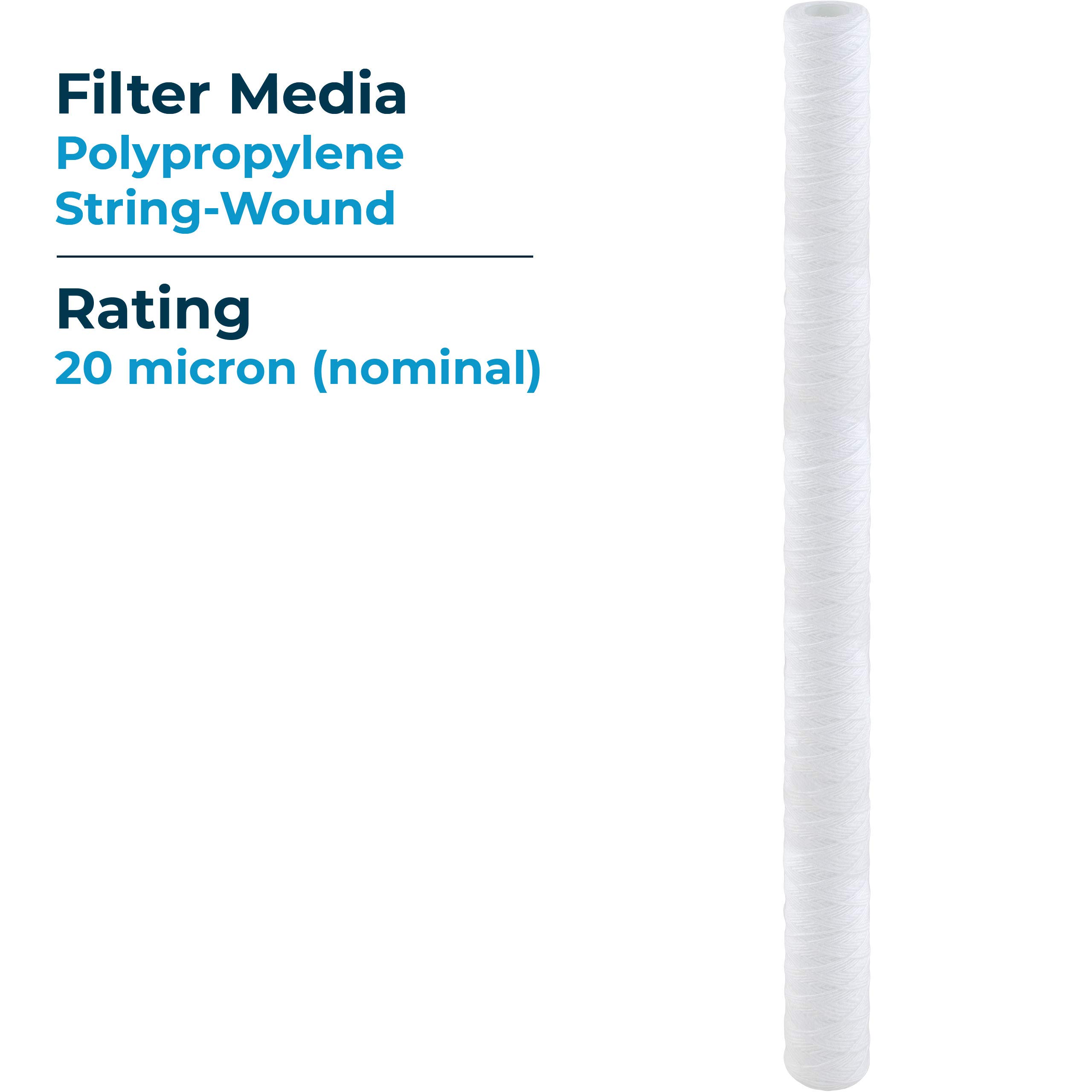 SpiroPure SP-CW20-40 40x2.5 20 Micron String-Wound Polypropylene Sediment Water Filter Cartridge (Case of 20) - Perfect for Whole House Water Filtration, Well Water Treatment, and Sediment Removal