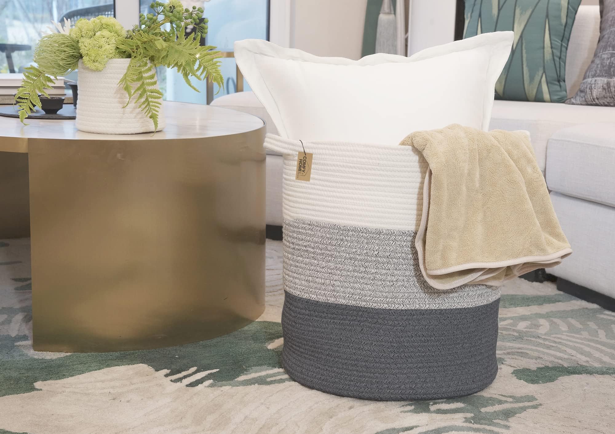 COMFY-HOMI XXL Large Laundry Basket with Handles - Woven Cotton Rope Storage Organizer for Blankets, Toys & Clothes (16”x18”, 3-Tone Grey) | Perfect for Nursery, Living Room & Pet Toy Storage