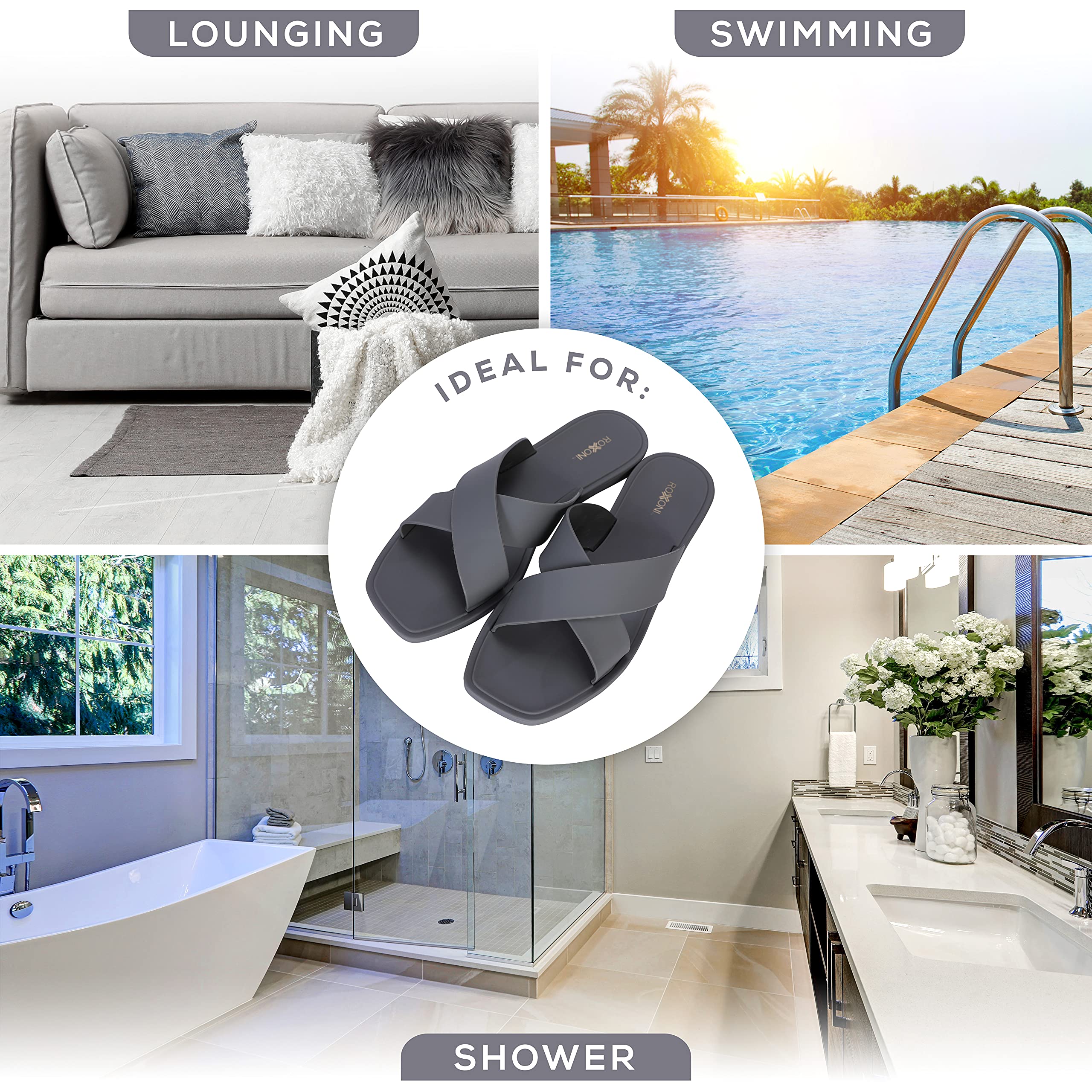 Roxoni Women's Quick-Dry Shower Slippers - Non-Slip Bathroom Sandals for Pool, Spa & Home Comfort - Criss Cross Design Waterproof House Slippers for Women (Ideal for Bathroom, Beach & Indoor Use)