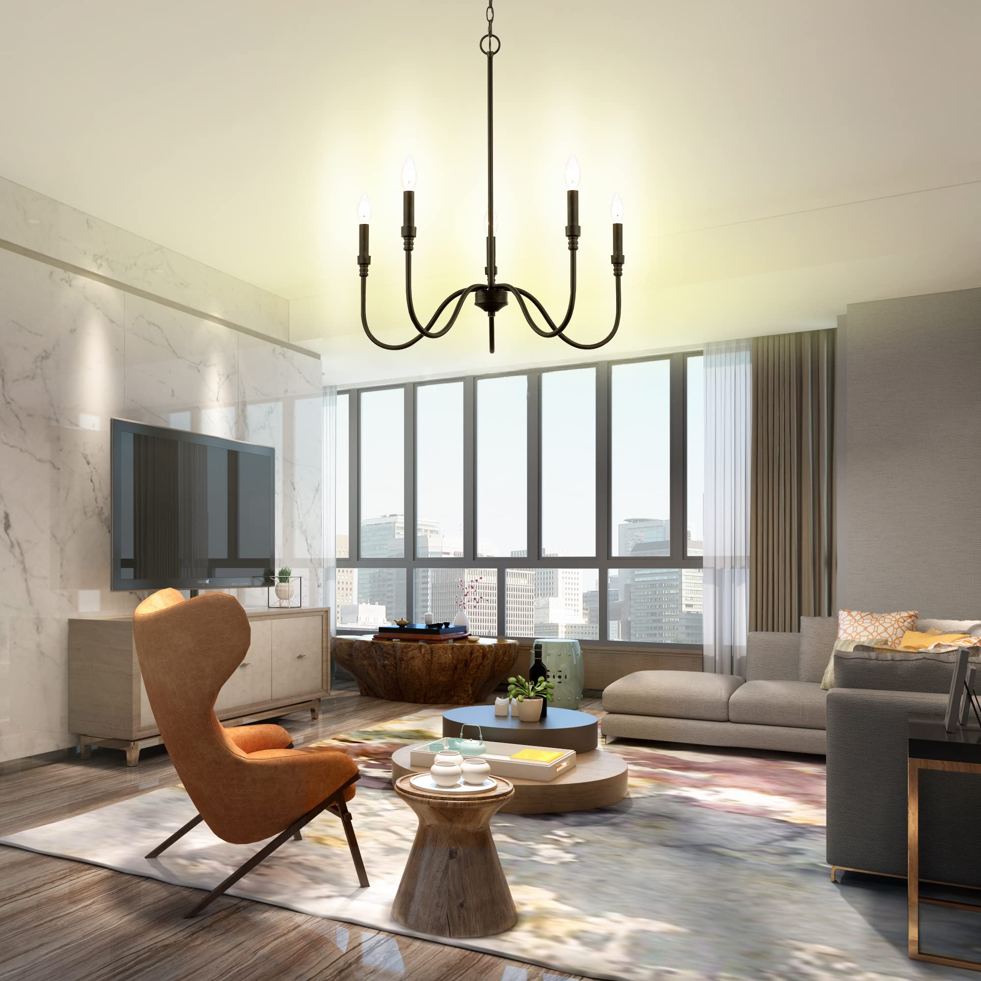 5-Light Farmhouse Chandelier - Linear Pendant Light Fixture for Kitchen Island, Dining Room & Living Room - Matte Black Finish - Perfect for Rustic, Modern & Industrial Home Decor