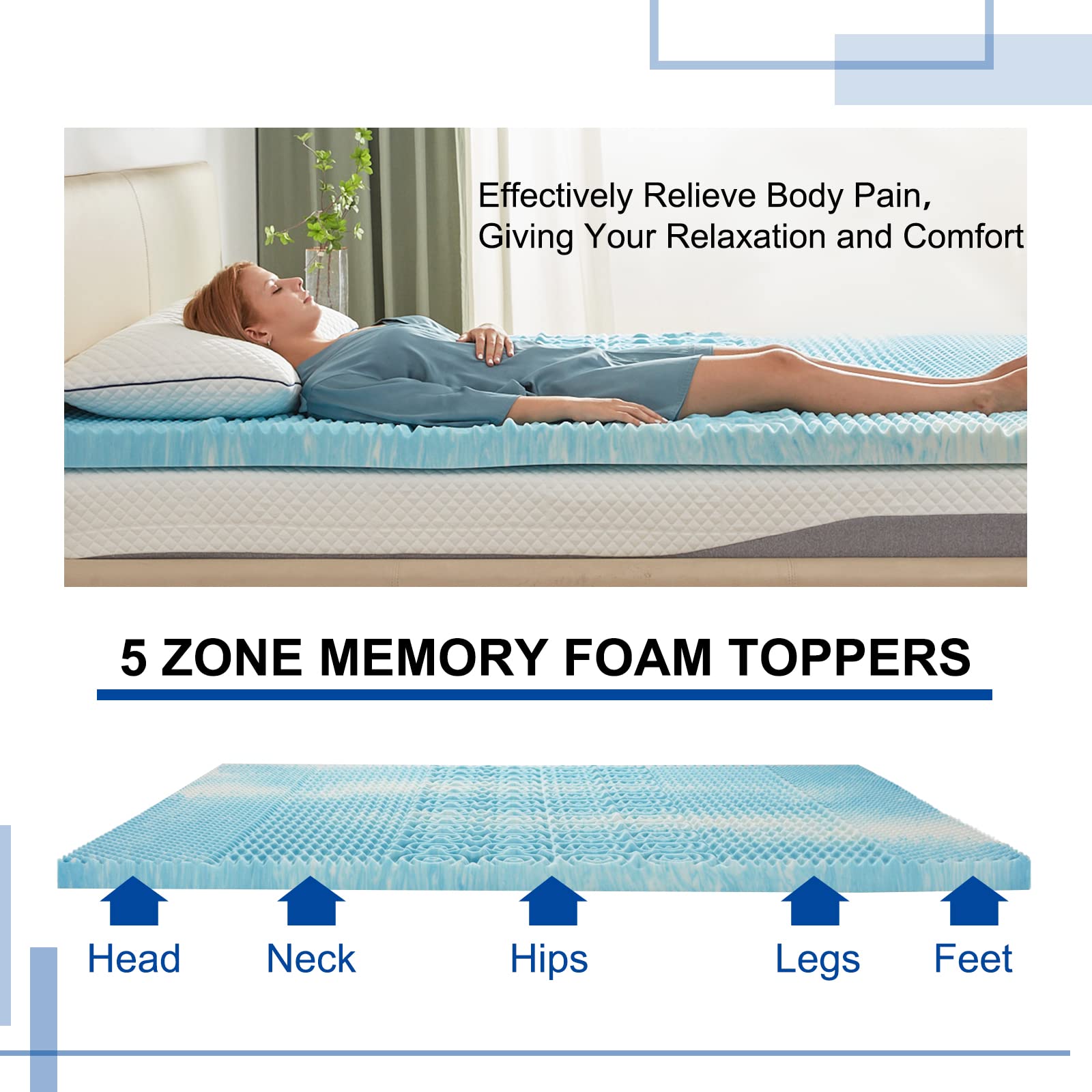 SINWEEK 2 Inch Memory Foam Mattress Topper Twin XL - CertiPUR-US Certified Cooling Mattress Pad for Pressure Relief - 39x80 Inches Blue - Perfect for College Dorm Beds, Guest Rooms & Single Beds