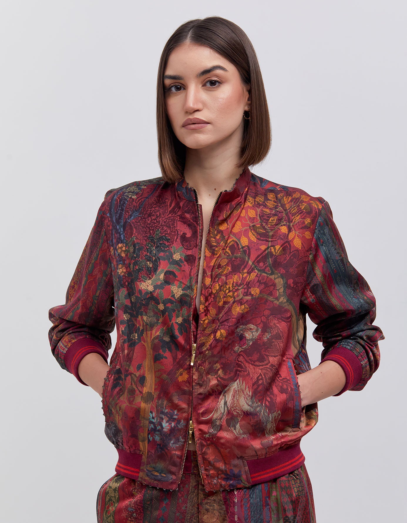 Janbaaz Men's Bomber Jacket - Premium Silk Damask Fabric in Crimson Red - Stylish Lightweight Jacket for Casual Wear, Night Out & Street Fashion