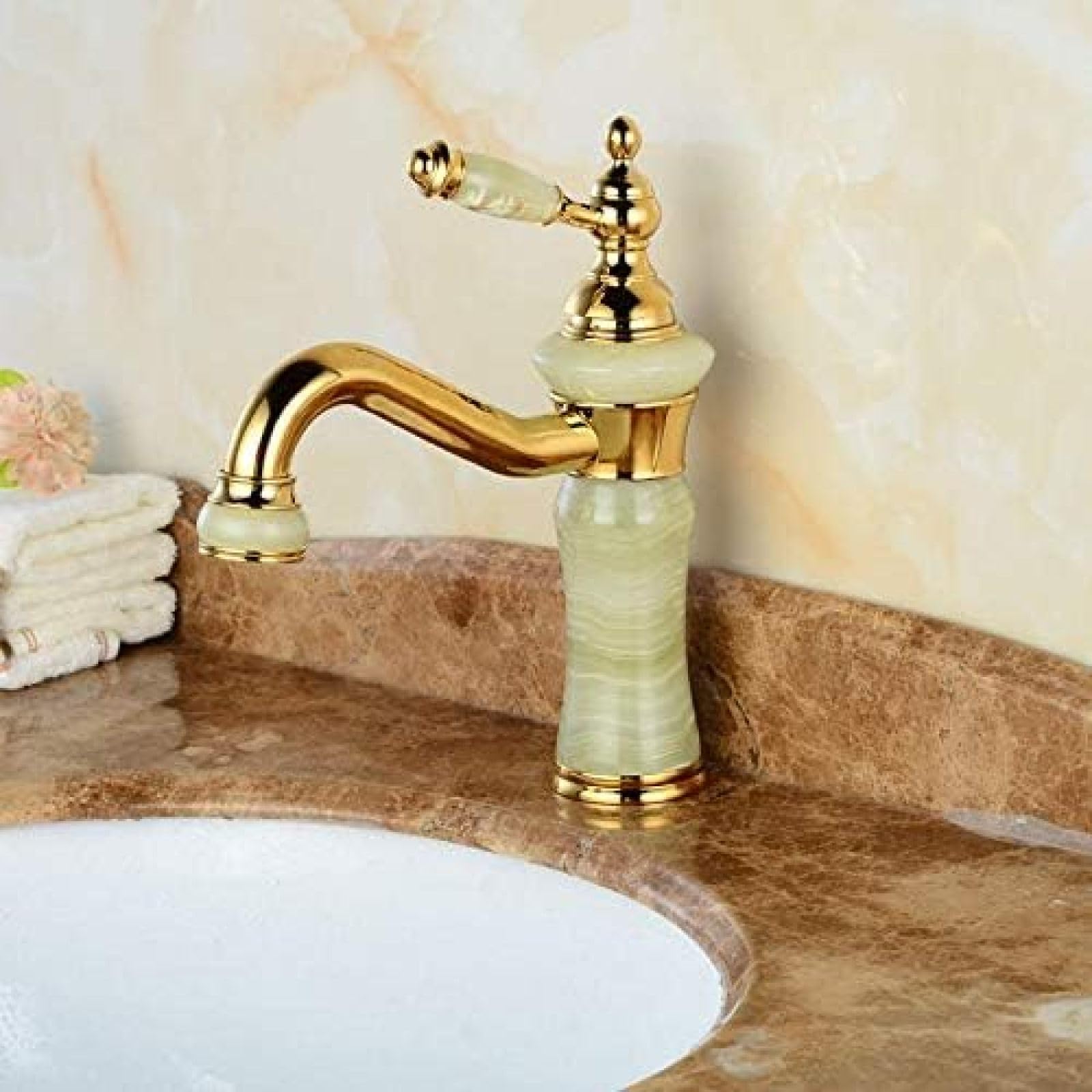 Premium Marble Faucet - Hot & Cold Water Gold Basin Tap with Full Copper Construction - Luxury Bathroom Sink Faucet for Modern & Classic Home Decor