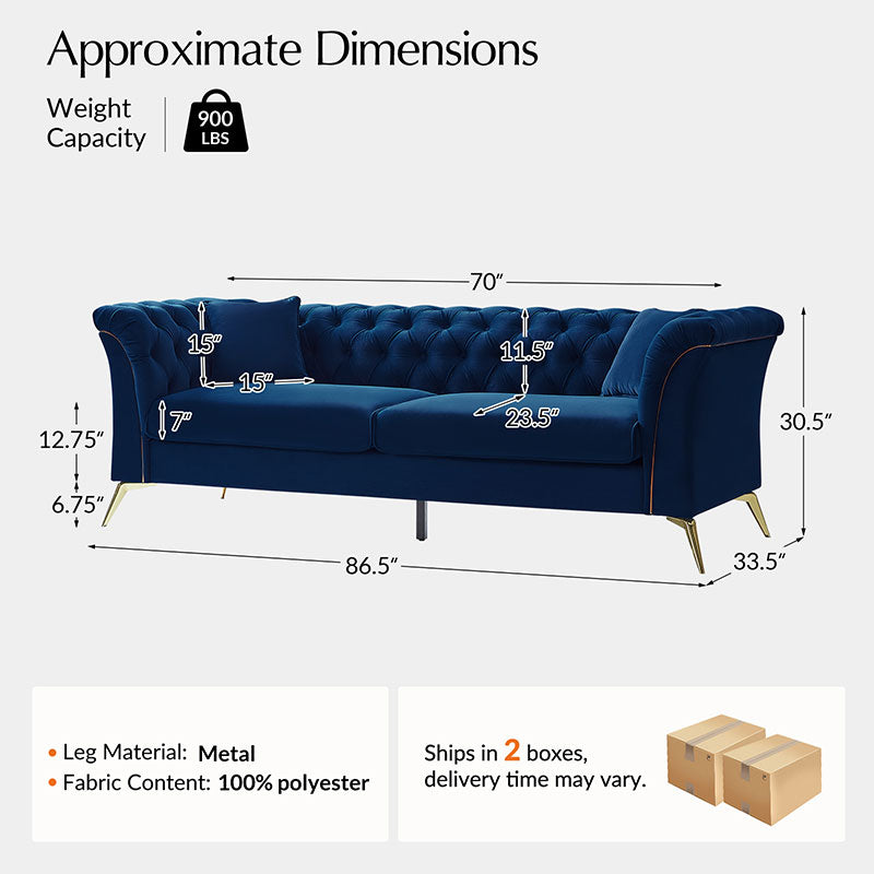 Modern Luxury Glam Velvet Sofa with Tufted Buttons & Gold Metal Accents - Elegant Living Room Furniture for Home Decor, Lounge & Entertaining