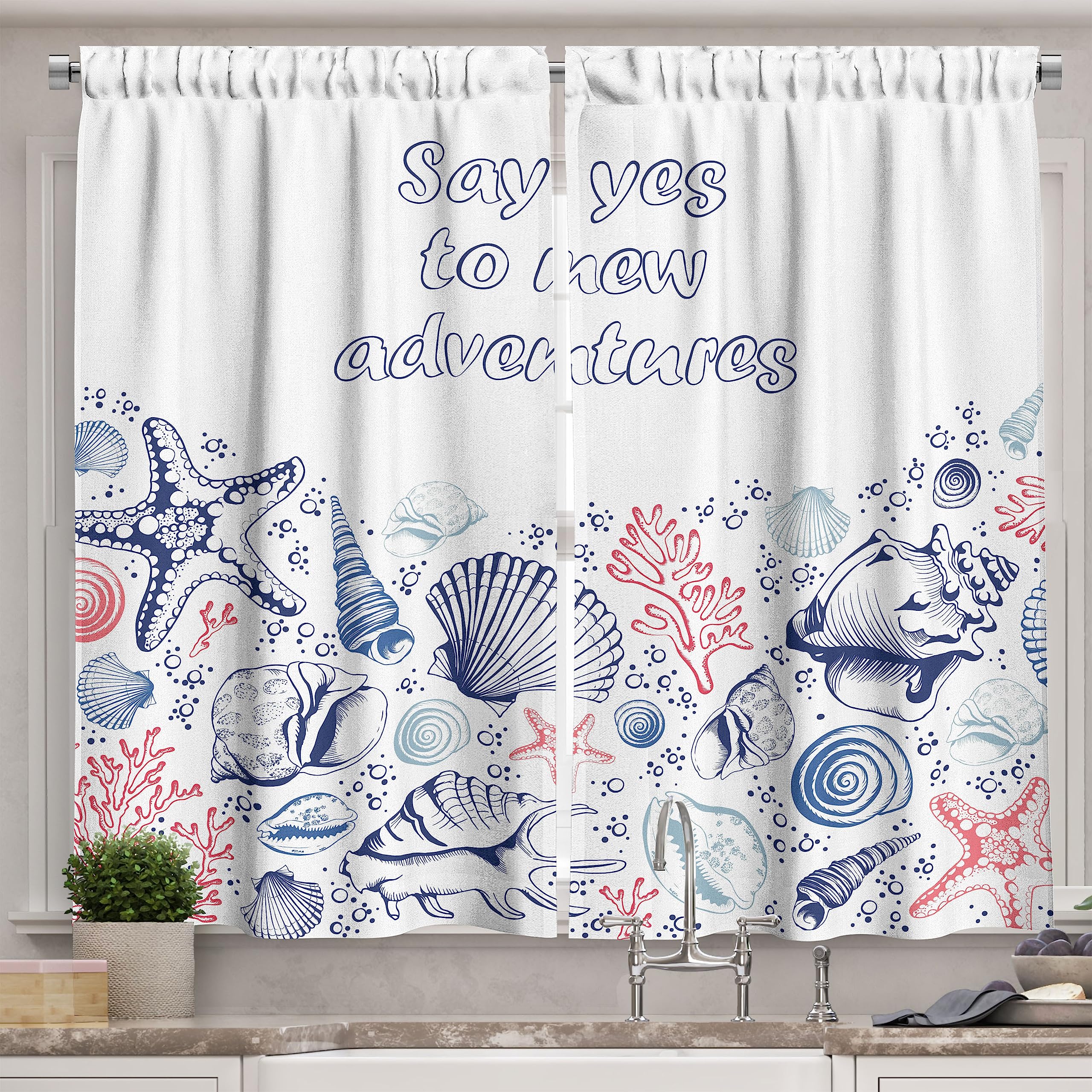 Ambesonne Adventure Long Kitchen Curtains - Underwater Marine Wildlife Theme with Seashells, Corals & Starfish - 2 Panel Rod Pocket Drapes for Coastal Beach Decor - 55