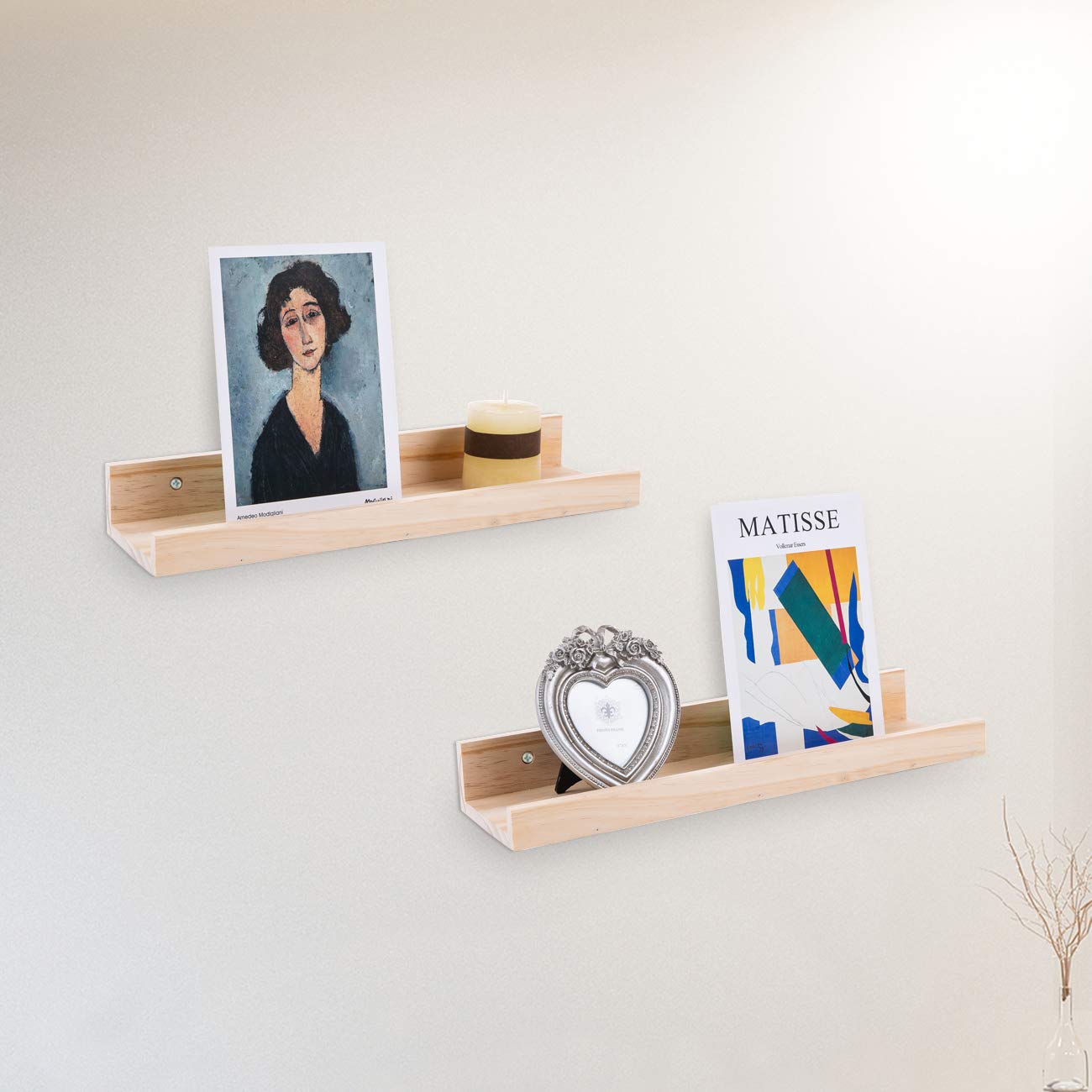 AZSKY Set of 2 Floating Shelves 16 Inch - Natural Wood Wall Shelves for Picture Frames, Books & Decor - Perfect for Living Room, Nursery & Gallery Display
