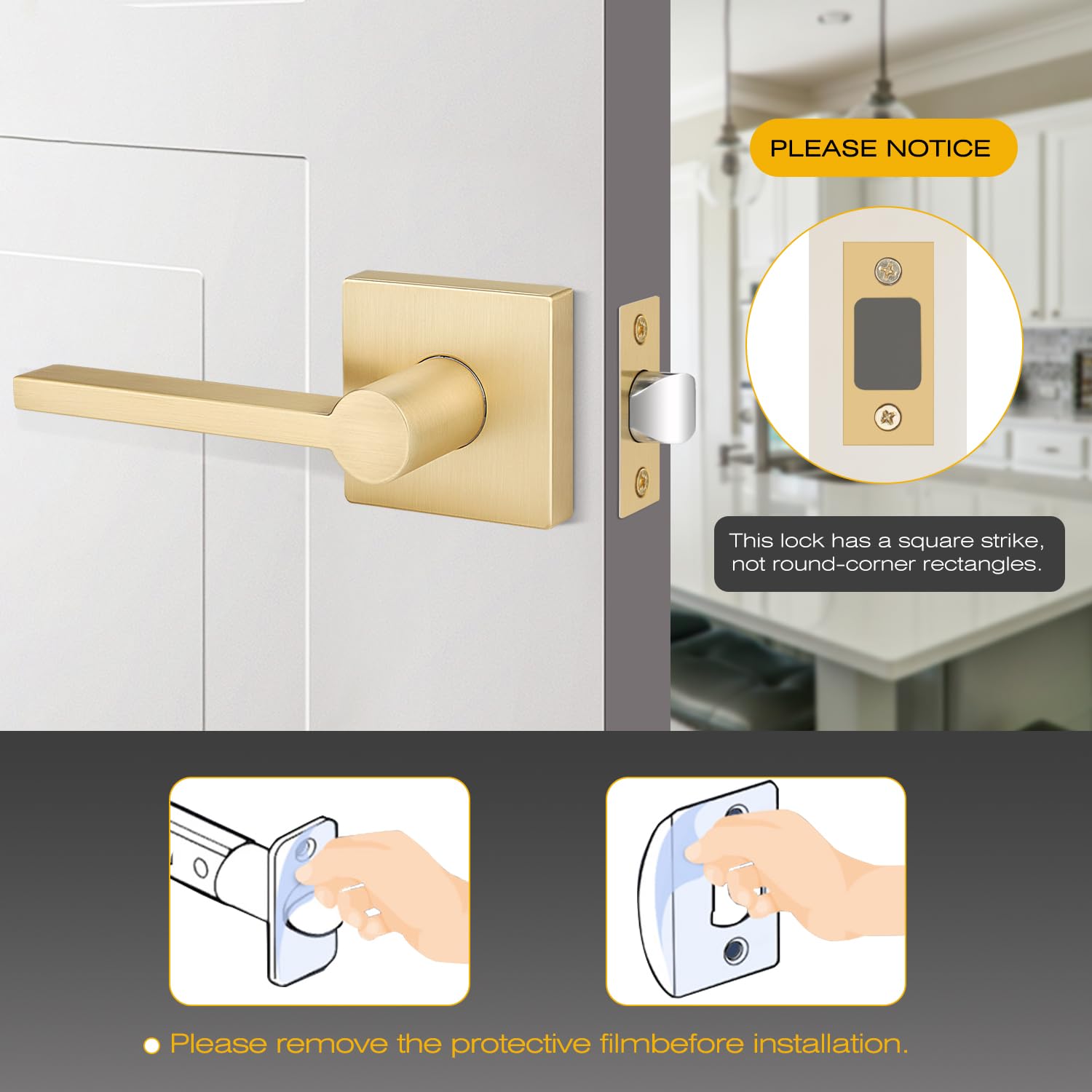 EHOMEWARE 6-Pack Satin Brass Door Handles - Gold Finish Interior Door Knobs, Heavy Duty Keyless Passage Levers for Hallway Closet & Bedroom Doors - Modern Hardware for Home & Office Upgrade