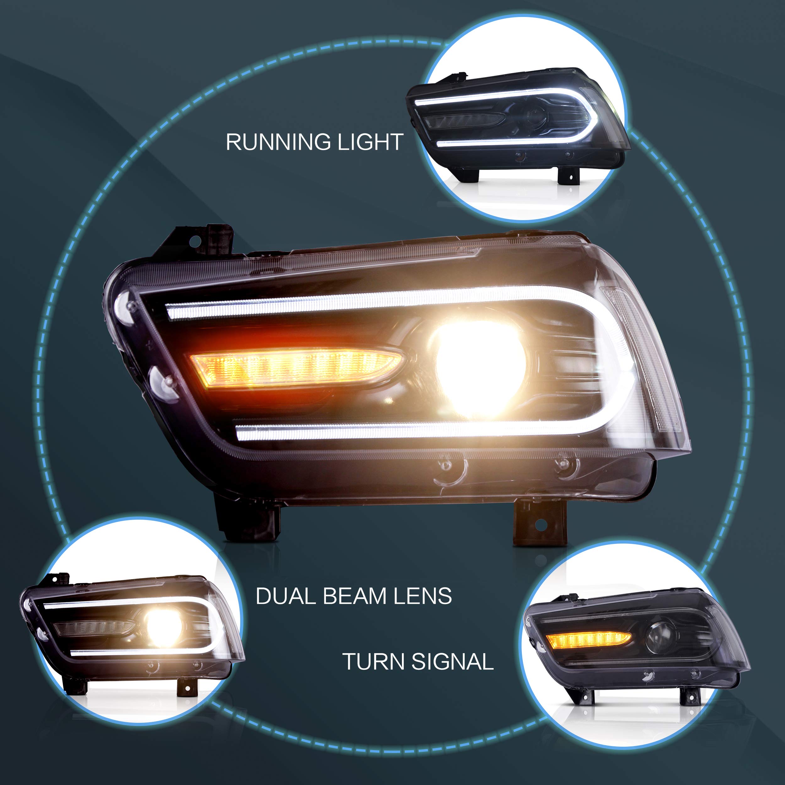 VLAND Headlight Assembly Compatible with 2011-2014 Dodge Charger (LD) Pre-Facelift Models - Excludes 2012 SE - Plug & Play Direct Replacement - Perfect for Night Driving & Car Upgrades
