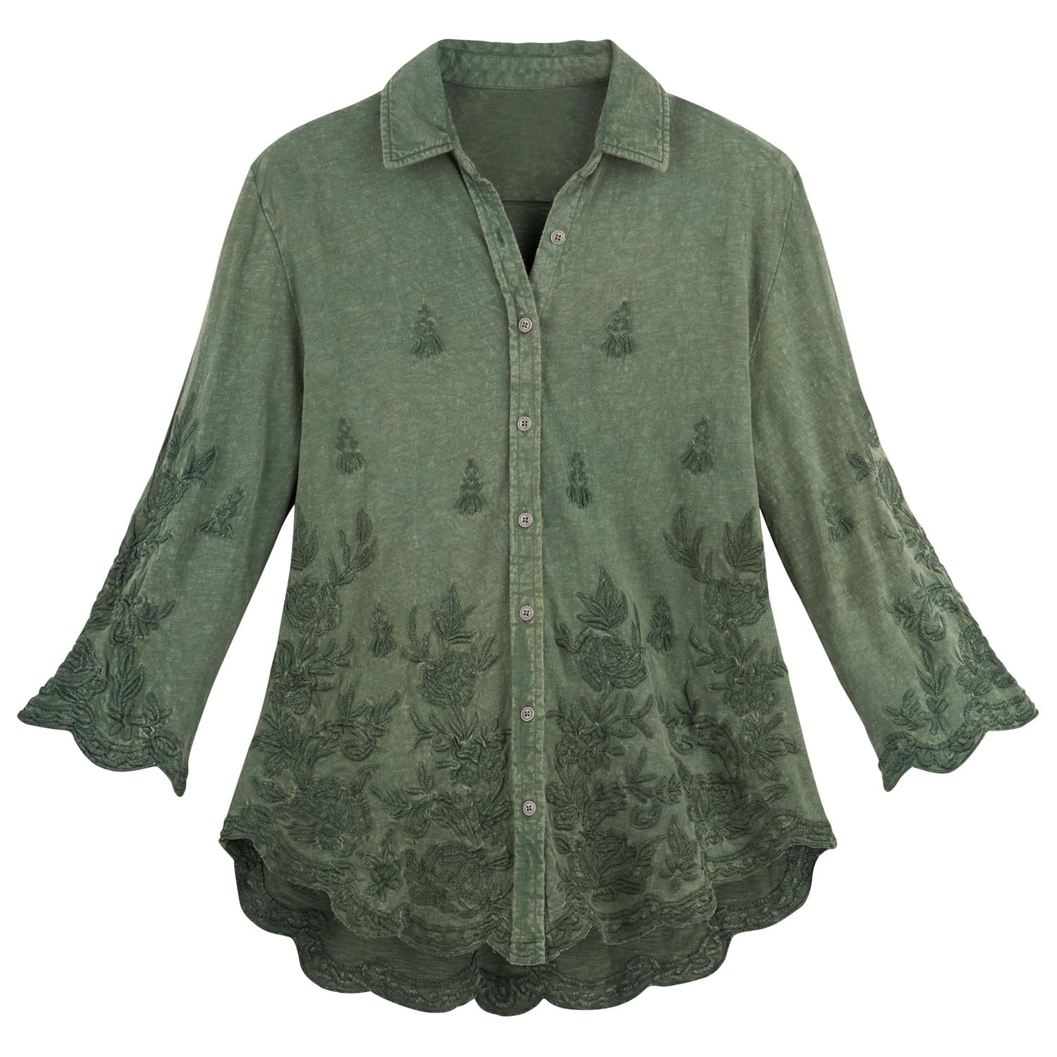 Elegant Scalloped Edge Embroidered Blouse for Women | Floral Stitched Casual Top | Perfect for Office Wear, Date Night & Summer Outfits