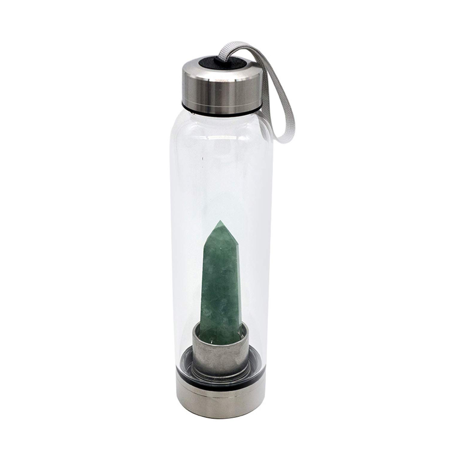 BAKOUSTAR Crystal Glass Water Bottle with Gemstone Center - Natural Healing Energy Cup for Wellness, Stainless Steel & Glass, Green - Perfect for Yoga, Meditation, and Daily Hydration