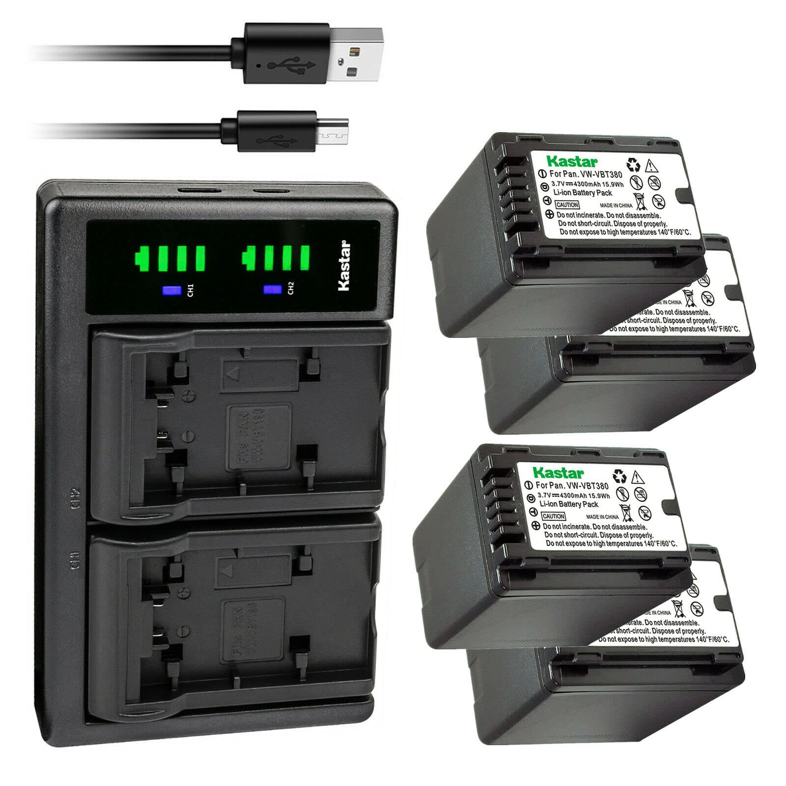 Kastar 4-Pack VW-VBT380 Replacement Battery with LTD2 USB Charger - Compatible with Panasonic HC-WXF991/WXF1/VXF-999/250EB/550EB/727EB/750EB/770EB/989 Cameras - Perfect for Travel Vlogging, Family Events & Outdoor Filming