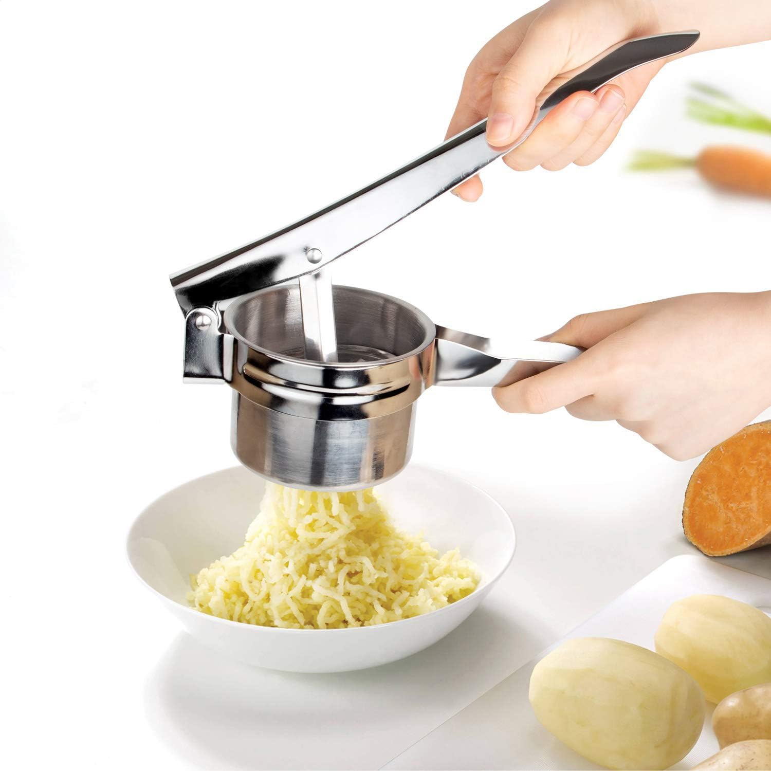 Premium Stainless Steel Potato Ricer Masher with 3 Interchangeable Discs - Heavy Duty Kitchen Tool for Pureeing Potatoes, Fruits & Vegetables - Perfect for Mashed Potatoes, Baby Food & Smooth Sauces