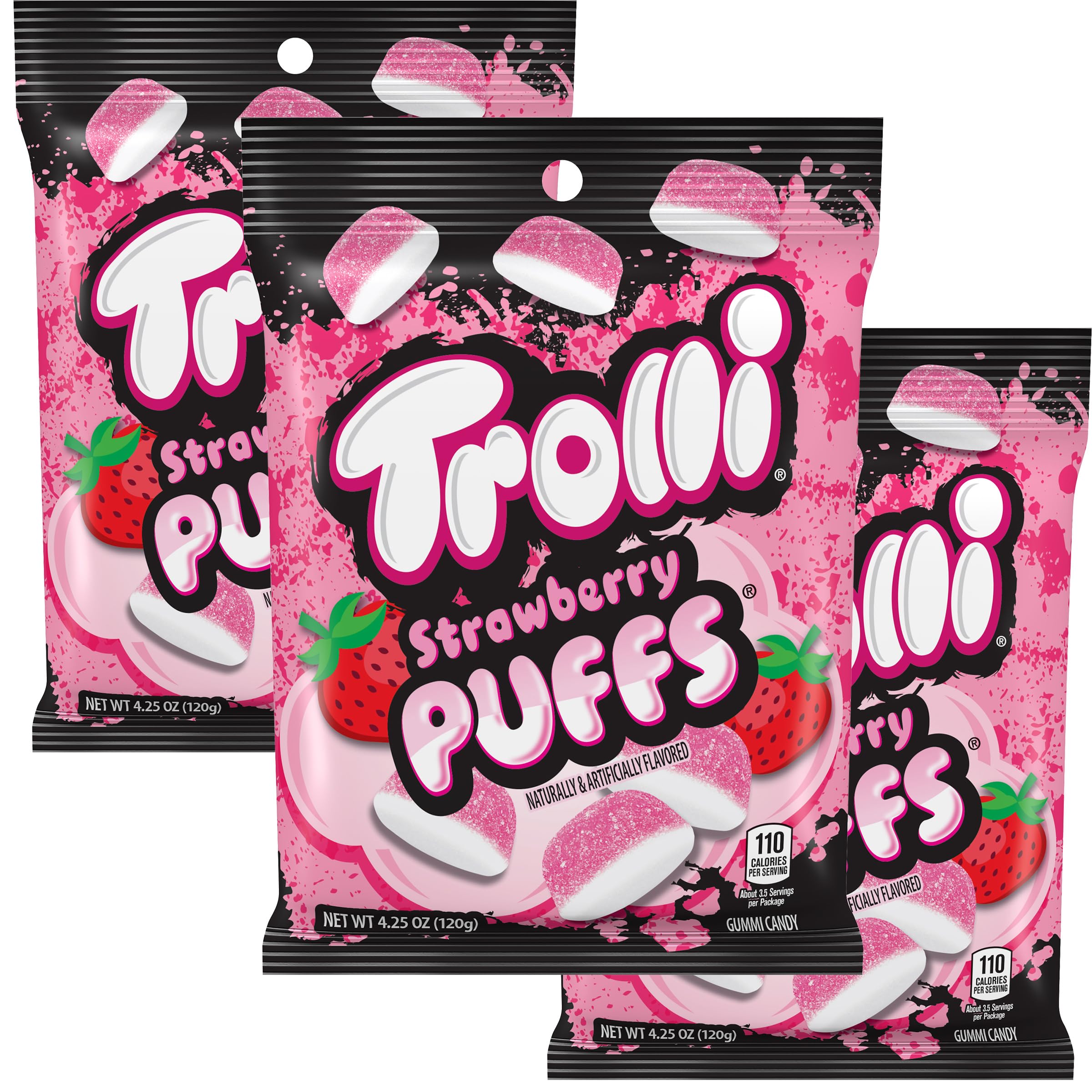 Strawberry Puffs Gummy Candy - 4.25oz Bags (Pack of 3) | Pink Soft Chewy Sweets for Kids, Parties & Movie Snacks