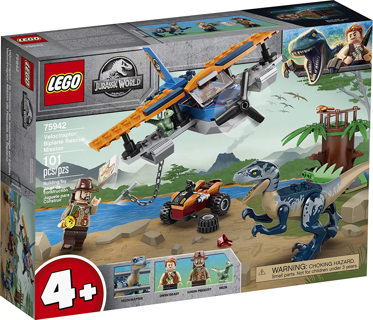 LEGO Jurassic World Velociraptor Biplane Rescue Mission 75942 Building Kit - Dinosaur Toy Set for Kids with Minifigures - Creative Play & Collector's Item for Jurassic Park Fans