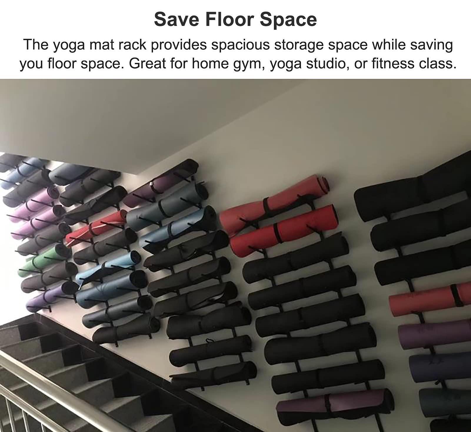 9-Tier Large Capacity Wall Mount Yoga Mat Holder with Hooks - Foam Roller Storage Rack for Yoga Studio (Black) - Perfect for Home Gym, Fitness Room & Yoga Practice Organization