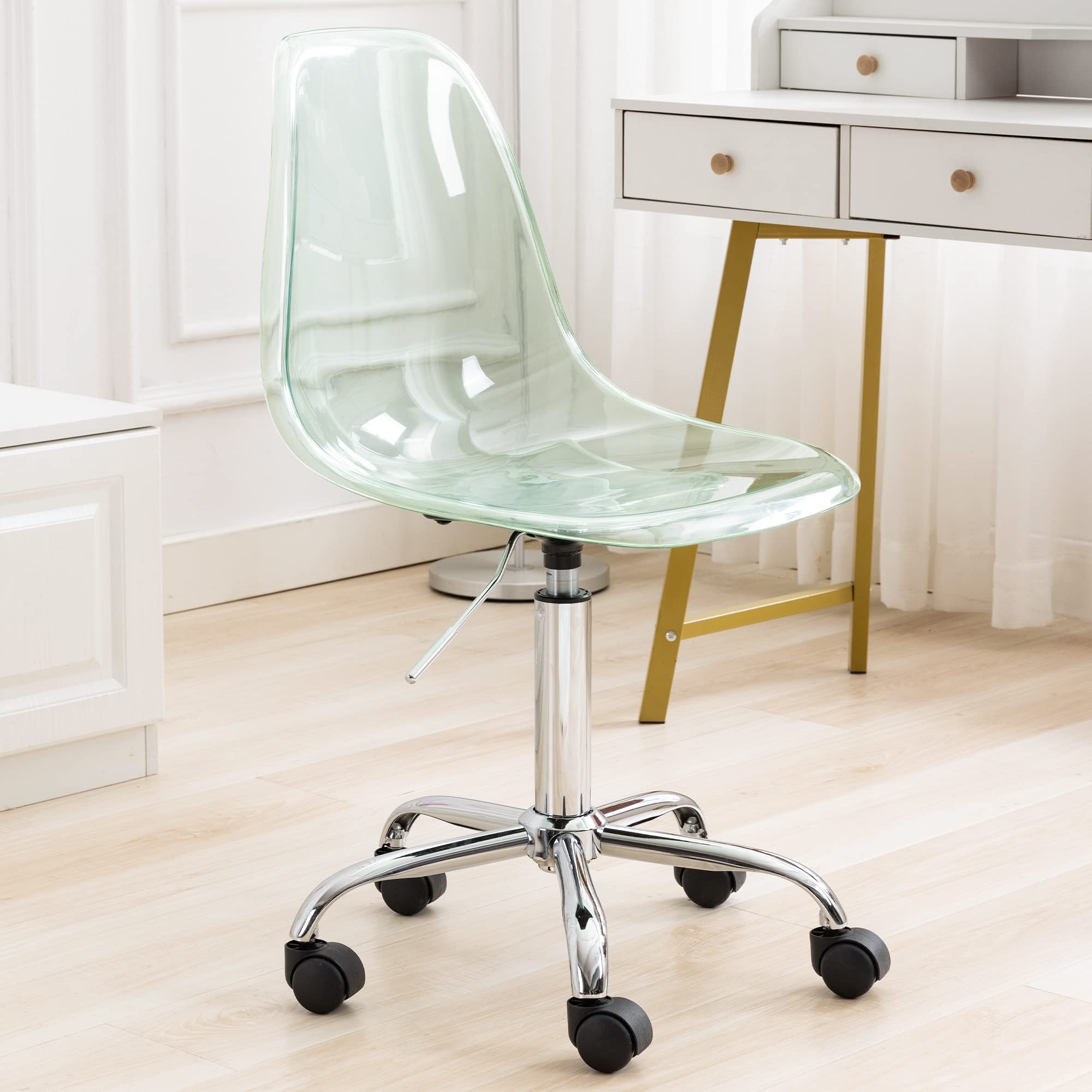 Modern Acrylic Clear Desk Chair - Adjustable Height Rolling Office Chair, Small Armless Vanity Chair for Home & Office, Green Lucite Ghost Chair with Wheels - Perfect for Workspaces, Makeup Vanities & Modern Decor